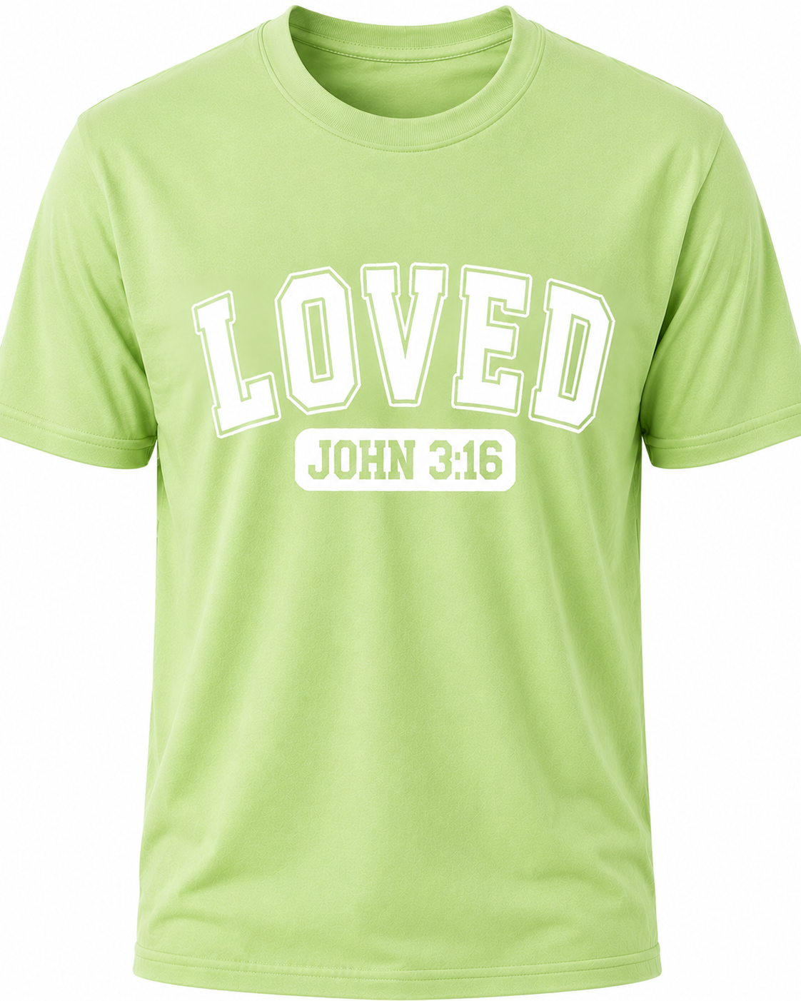 Light Green Christian T-shirt featuring the "LOVED" design inspired by John 3:16, reminding believers that God's love was demonstrated through the gift of His Son, Jesus Christ.