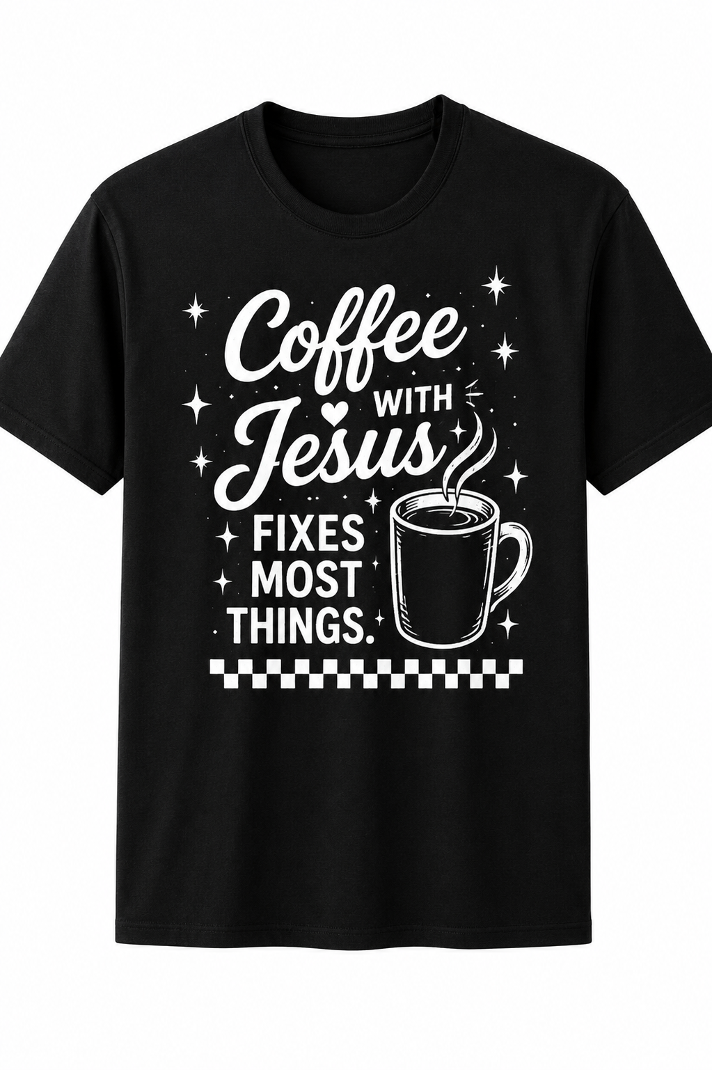 Black Christian T-shirt featuring the "Coffee with Jesus" design inspired by Luke 10:39–42, encouraging believers to slow down and spend intentional time with Jesus each day.