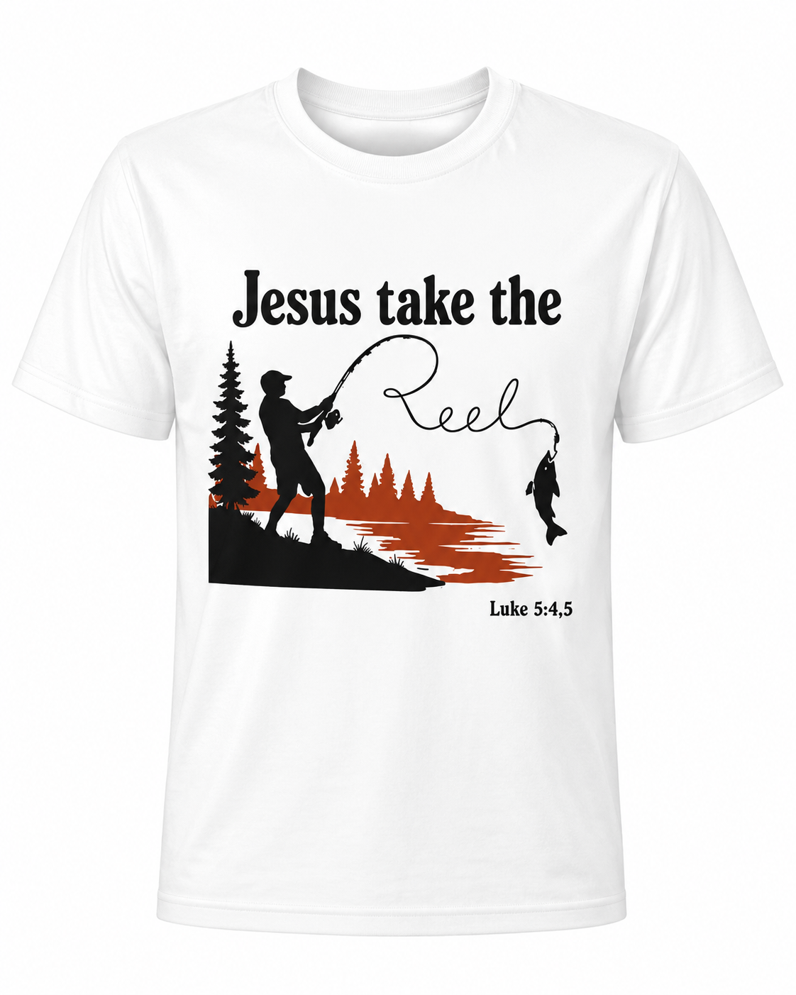 White Christian T-shirt featuring the "Jesus Take the Reel" design, encouraging believers to honor Christ in every aspect of life, including what they watch and share.