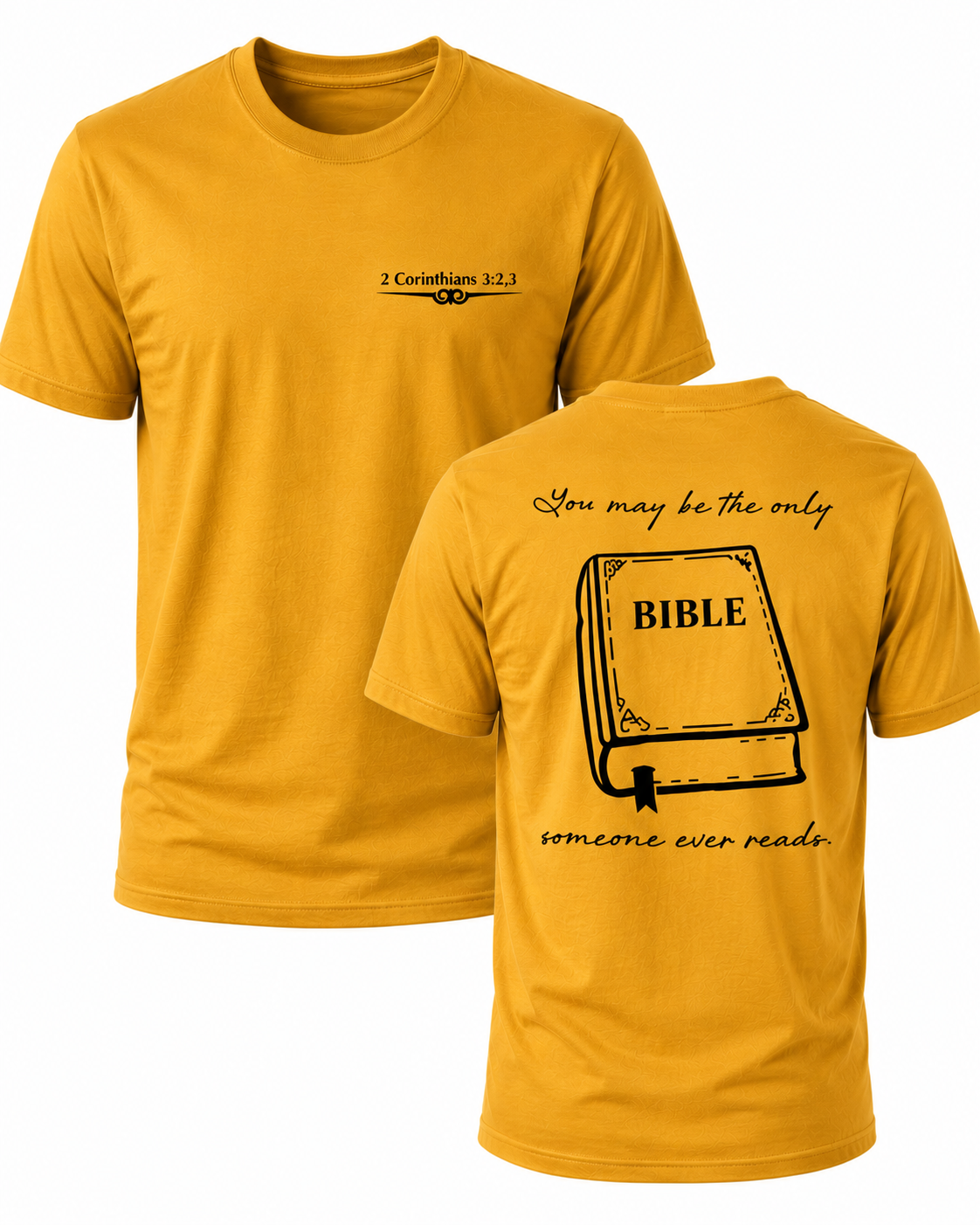 Mustard Christian T-shirt featuring "The Only Bible" design inspired by 2 Corinthians 3:2–3, reminding believers to live as a faithful witness that others can see every day.