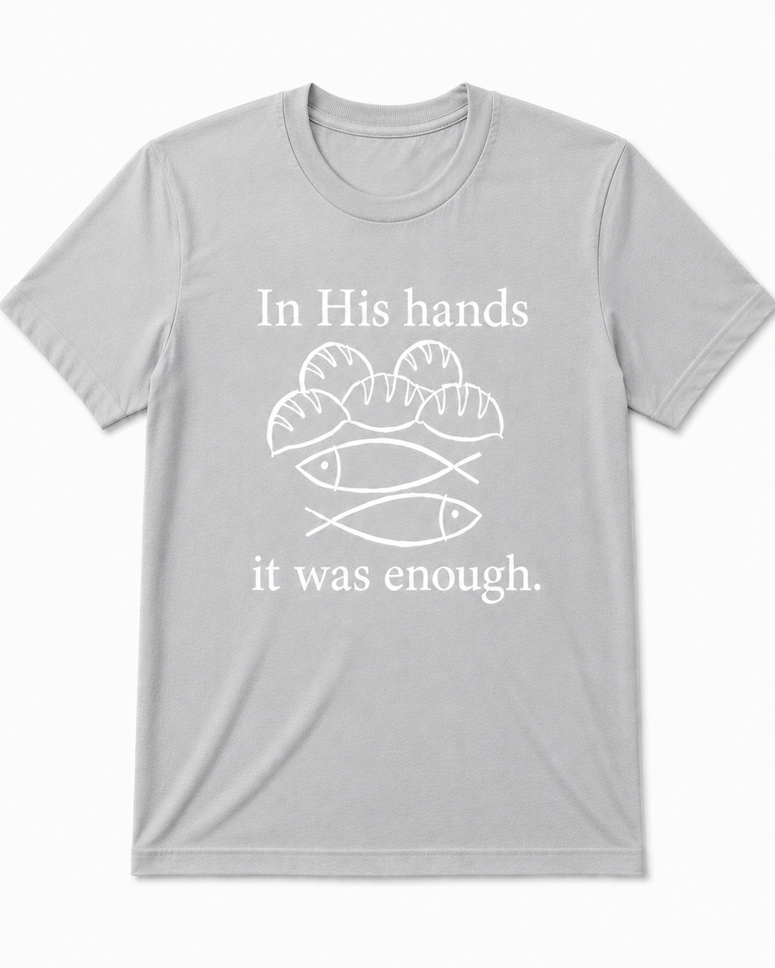 Light Gray Christian T-shirt featuring the "Fishes & Loaves" design inspired by Matthew 14:13–21, reminding believers that Jesus can multiply even the smallest offering for His glory.