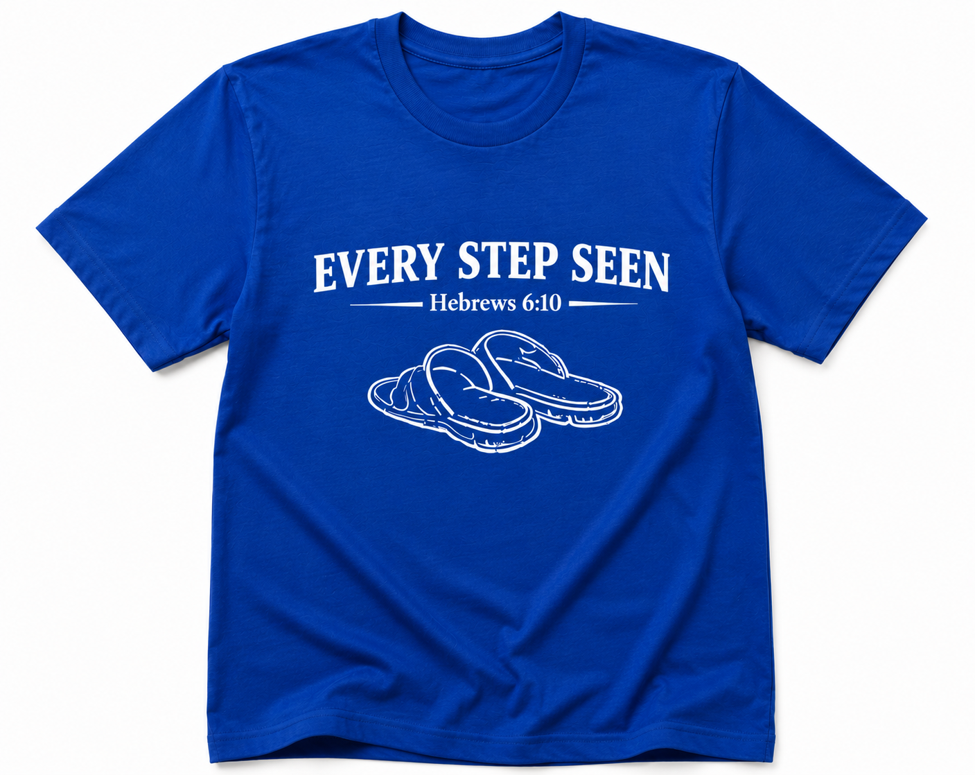 Royal Blue Christian T-shirt featuring the “Every Step Seen” design, reminding believers that God sees, knows, and walks with them through every step of life.