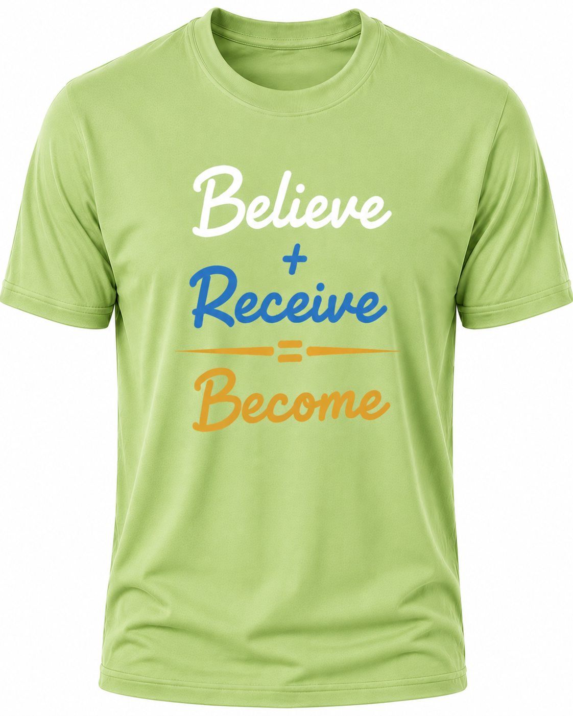 Light Green Christian T-shirt featuring the "Believe. Receive. Become." design inspired by Scripture, encouraging believers to trust God's promises and grow in their faith.