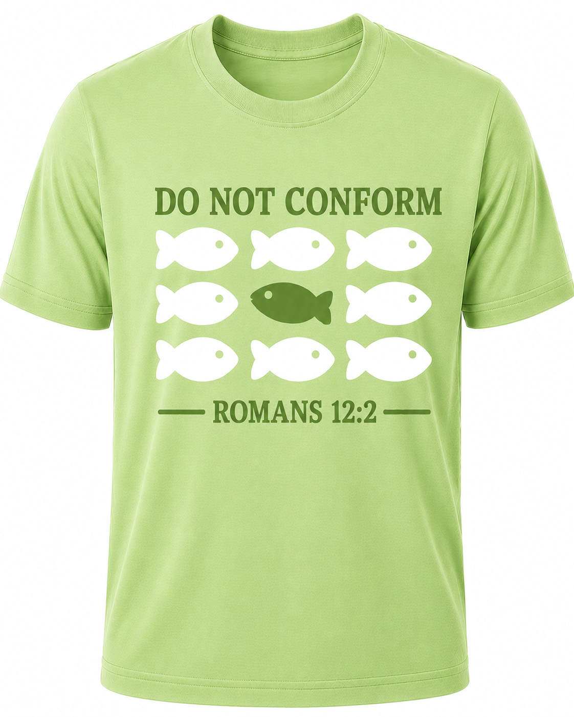 Light Green Christian T-shirt featuring the "Do Not Conform" design inspired by Romans 12:2, encouraging believers to stand apart from the world and be transformed by the renewing of their minds.