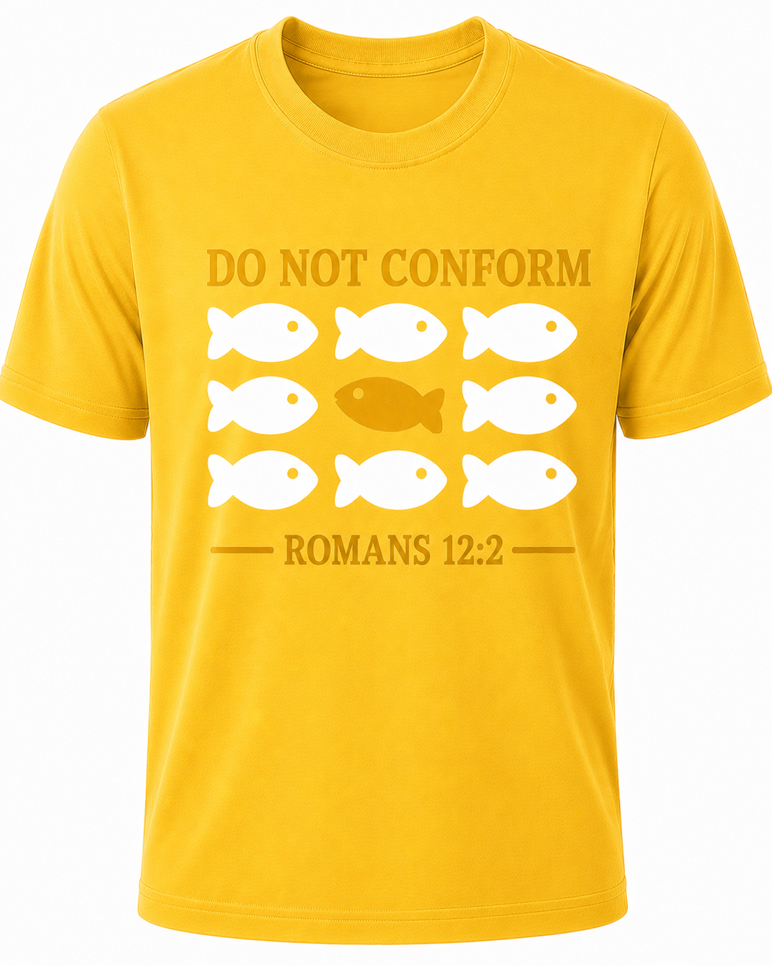 Yellow Christian T-shirt featuring the "Do Not Conform" design inspired by Romans 12:2, encouraging believers to stand apart from the world and be transformed by the renewing of their minds.