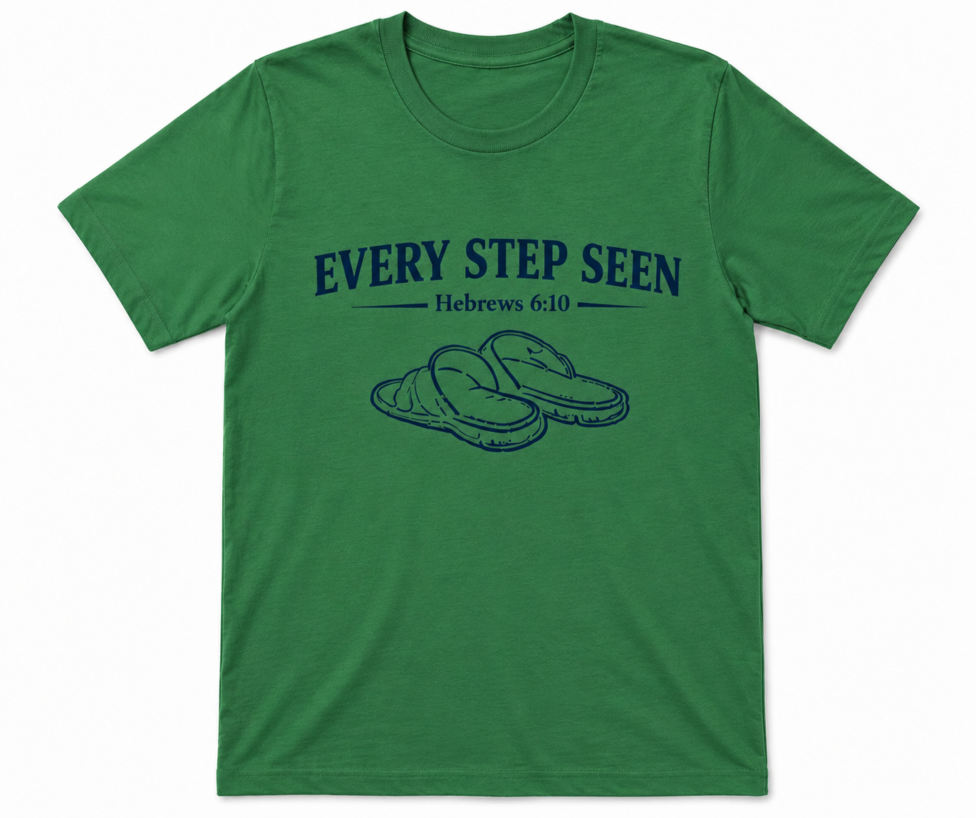 Green Christian T-shirt featuring the “Every Step Seen” design, reminding believers that God sees, knows, and walks with them through every step of life.
