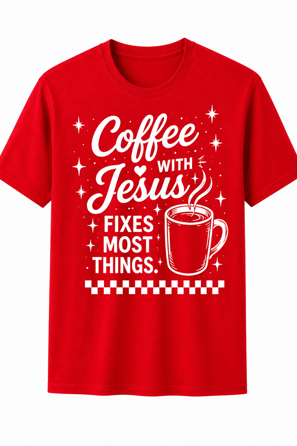 Red Christian T-shirt featuring the "Coffee with Jesus" design inspired by Luke 10:39–42, encouraging believers to slow down and spend intentional time with Jesus each day.