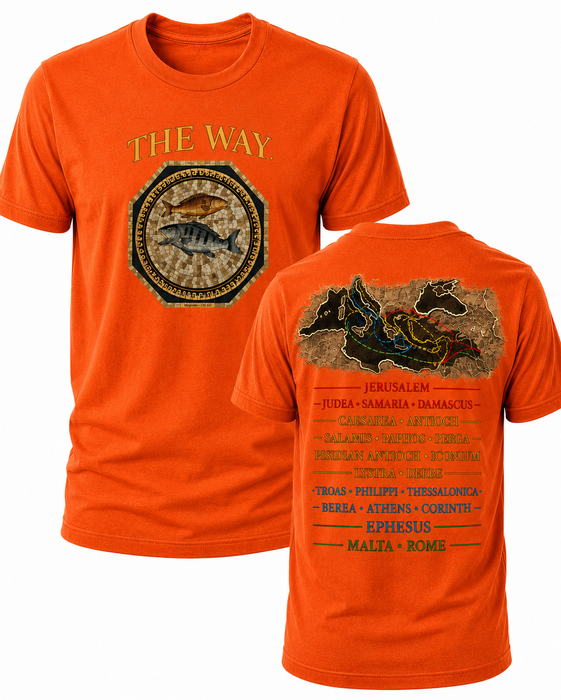 Orange Christian T-shirt featuring "The Way" design inspired by John 14:6, highlighting the Apostle Paul's missionary journeys and proclaiming Jesus as the only way to the Father.