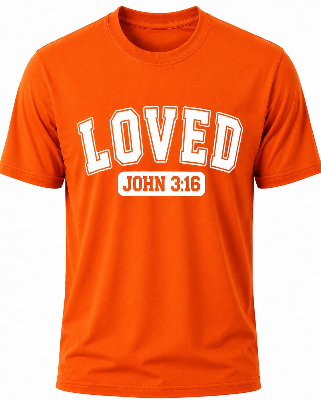 Orange Christian T-shirt featuring the "LOVED" design inspired by John 3:16, reminding believers that God's love was demonstrated through the gift of His Son, Jesus Christ.