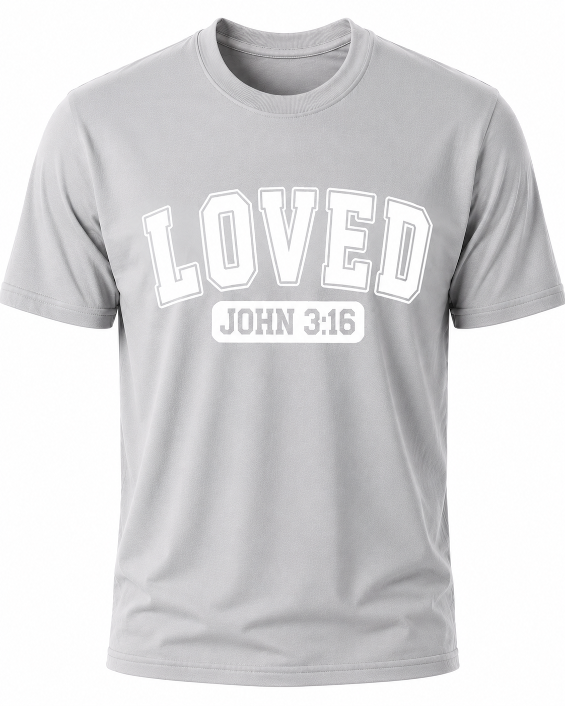 Light Gray Christian T-shirt featuring the "LOVED" design inspired by John 3:16, reminding believers that God's love was demonstrated through the gift of His Son, Jesus Christ.