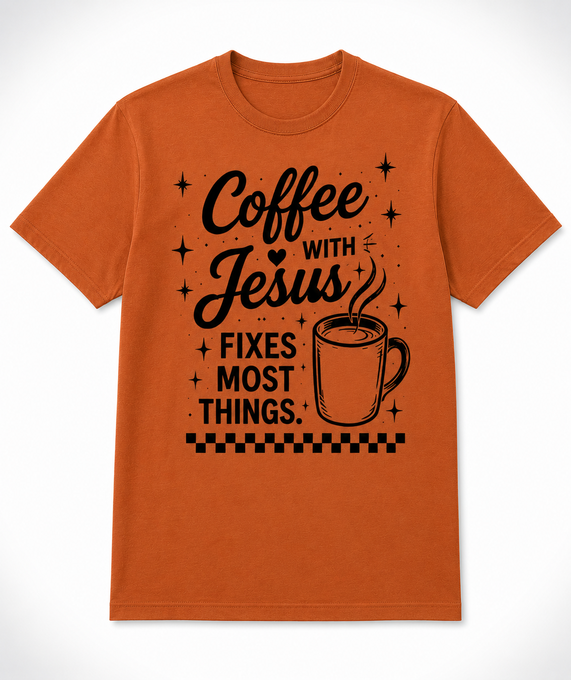 Rust Christian T-shirt featuring the "Coffee with Jesus" design inspired by Luke 10:39–42, encouraging believers to slow down and spend intentional time with Jesus each day.