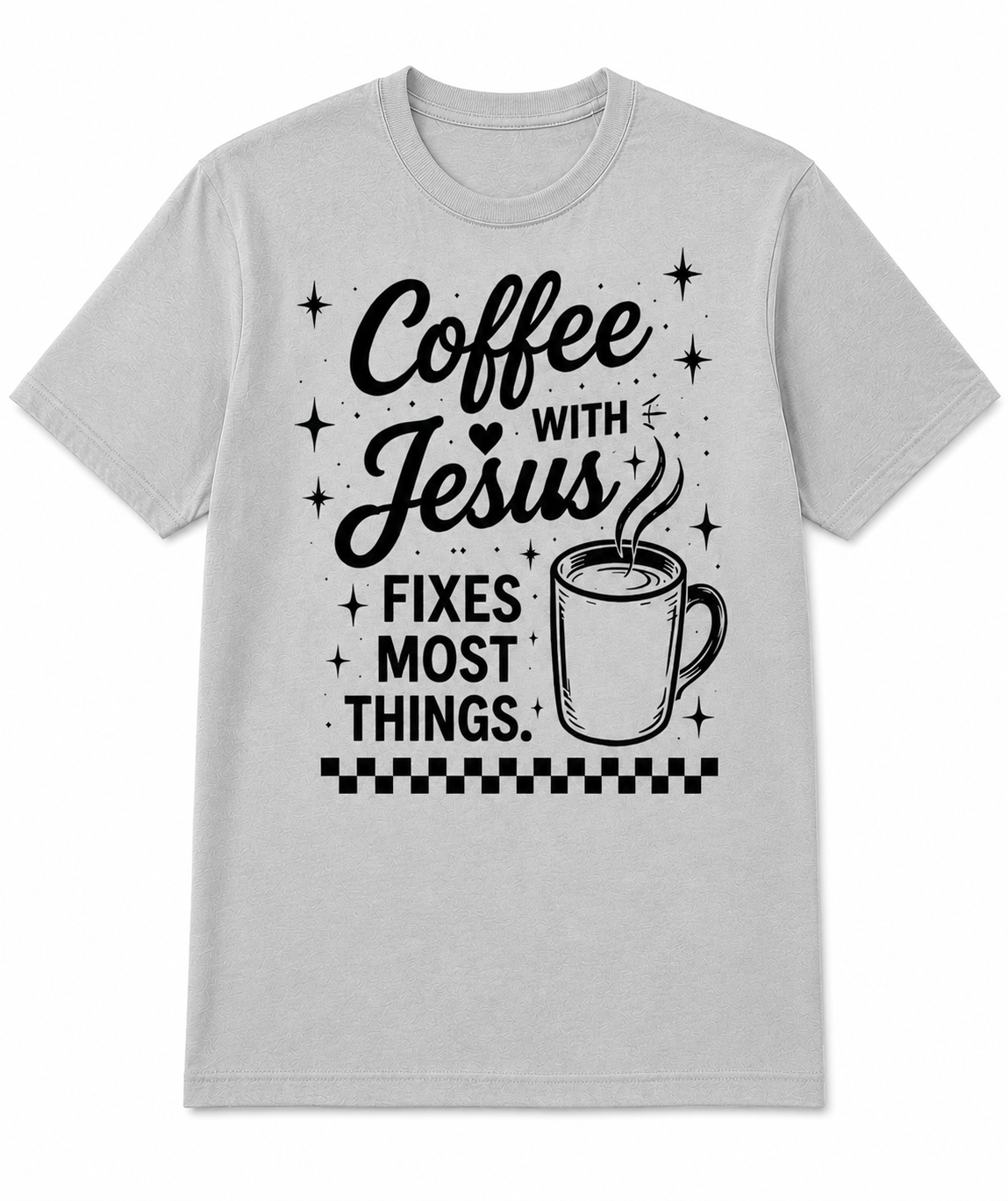 Light Gray Christian T-shirt featuring the "Coffee with Jesus" design inspired by Luke 10:39–42, encouraging believers to slow down and spend intentional time with Jesus each day.