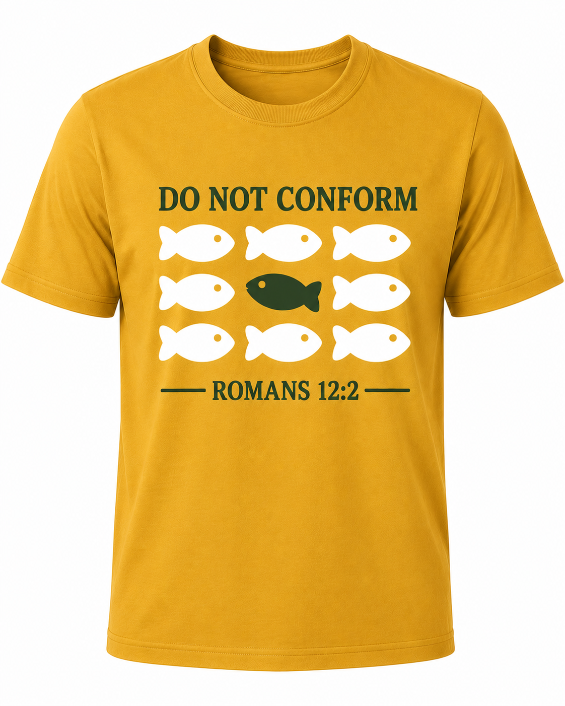 Mustard Christian T-shirt featuring the "Do Not Conform" design inspired by Romans 12:2, encouraging believers to stand apart from the world and be transformed by the renewing of their minds.