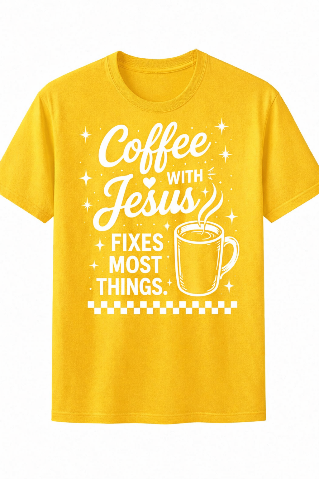 Yellow Christian T-shirt featuring the "Coffee with Jesus" design inspired by Luke 10:39–42, encouraging believers to slow down and spend intentional time with Jesus each day.