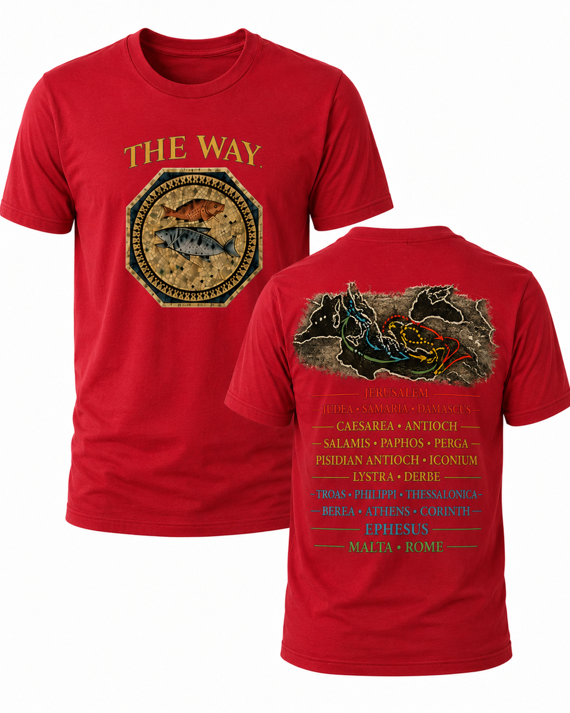 Red Christian T-shirt featuring "The Way" design inspired by John 14:6, highlighting the Apostle Paul's missionary journeys and proclaiming Jesus as the only way to the Father.
