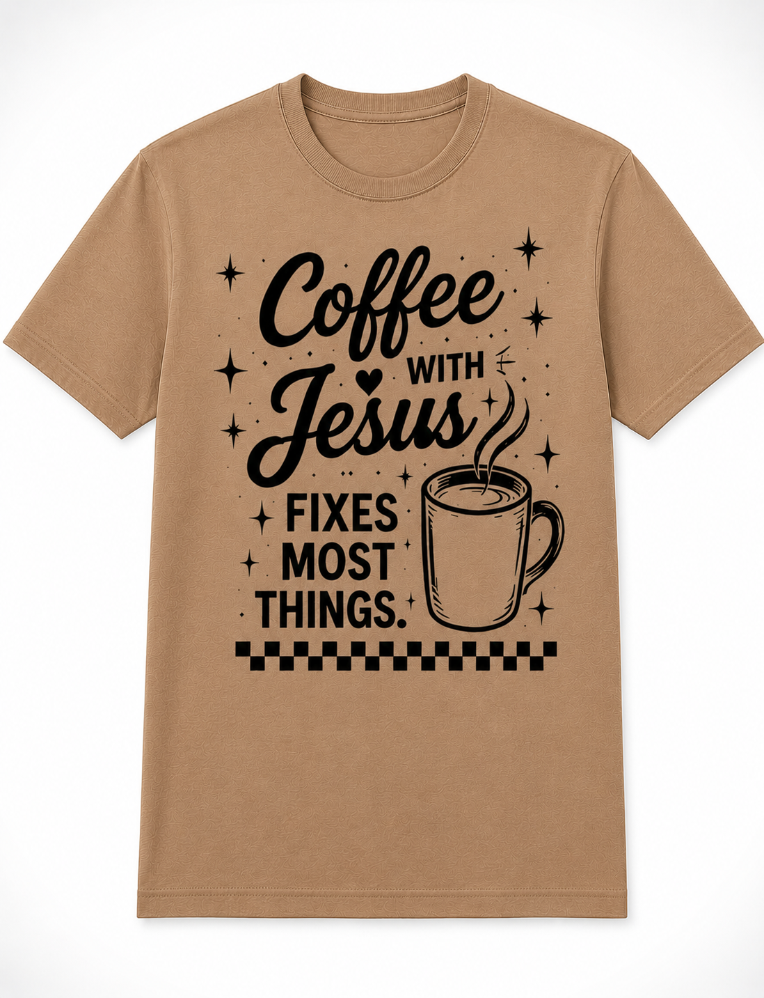 Light Brown Christian T-shirt featuring the "Coffee with Jesus" design inspired by Luke 10:39–42, encouraging believers to slow down and spend intentional time with Jesus each day.