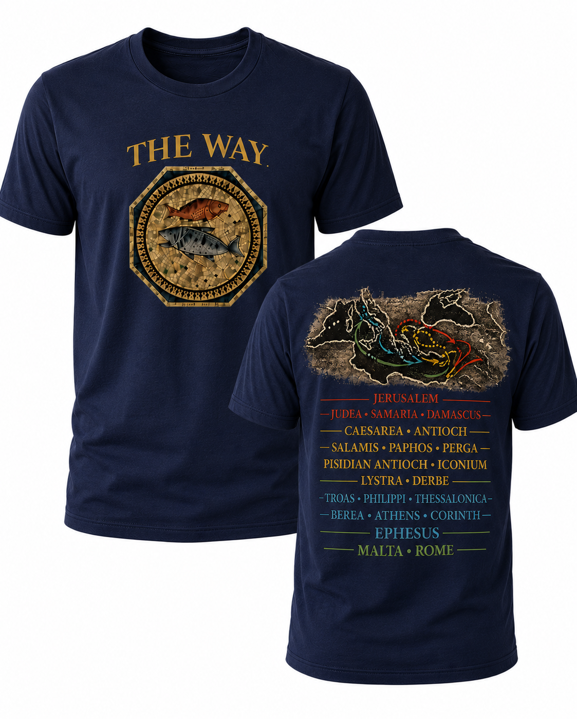 Navy Christian T-shirt featuring "The Way" design inspired by John 14:6, highlighting the Apostle Paul's missionary journeys and proclaiming Jesus as the only way to the Father.