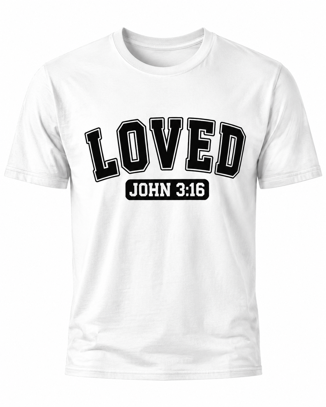 White Christian T-shirt featuring the "LOVED" design inspired by John 3:16, reminding believers that God's love was demonstrated through the gift of His Son, Jesus Christ.