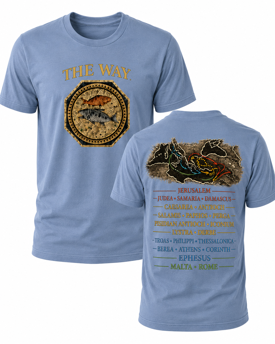 Dusty Blue Christian T-shirt featuring "The Way" design inspired by John 14:6, highlighting the Apostle Paul's missionary journeys and proclaiming Jesus as the only way to the Father.