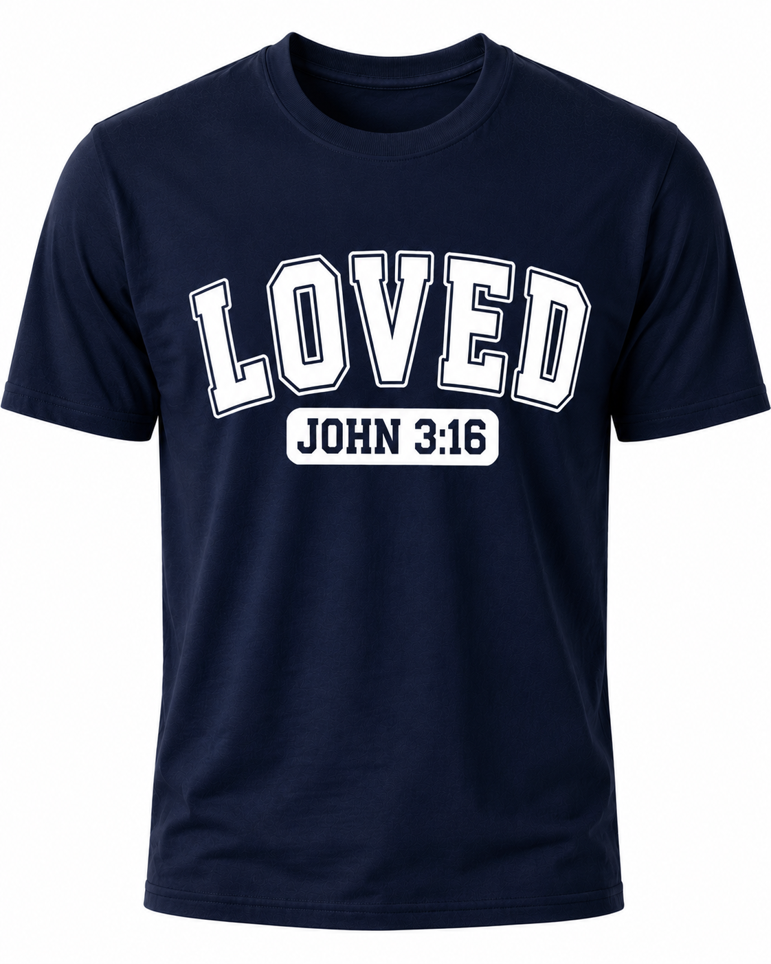 Navy Christian T-shirt featuring the "LOVED" design inspired by John 3:16, reminding believers that God's love was demonstrated through the gift of His Son, Jesus Christ.