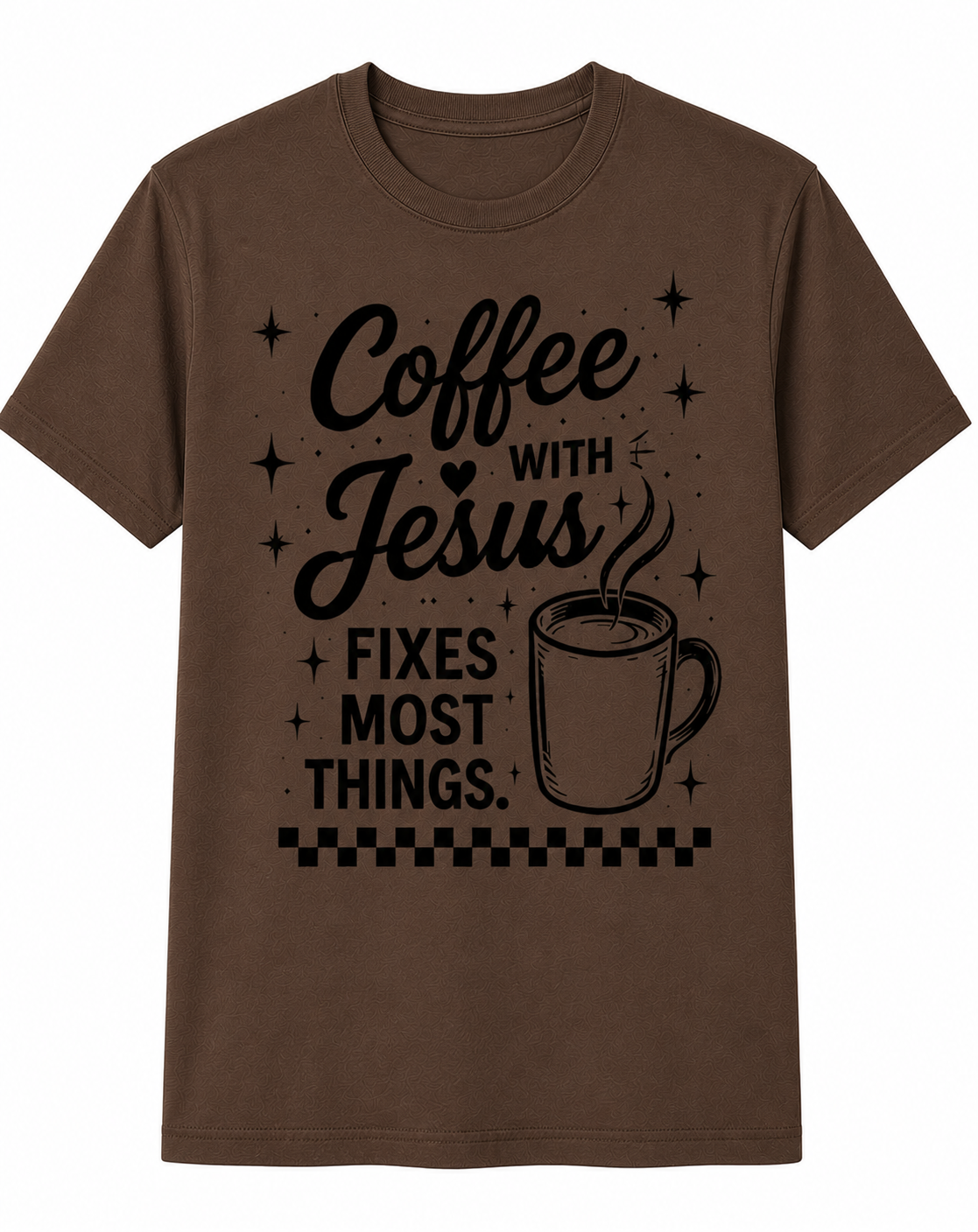 Dark Brown Christian T-shirt featuring the "Coffee with Jesus" design inspired by Luke 10:39–42, encouraging believers to slow down and spend intentional time with Jesus each day.