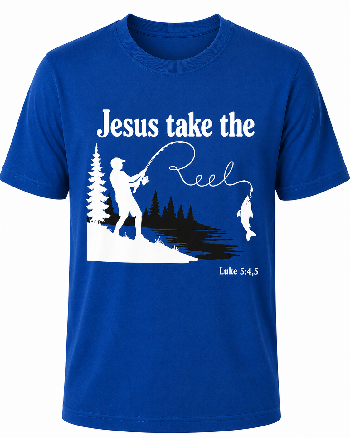 Royal Blue Christian T-shirt featuring the "Jesus Take the Reel" design, encouraging believers to honor Christ in every aspect of life, including what they watch and share.
