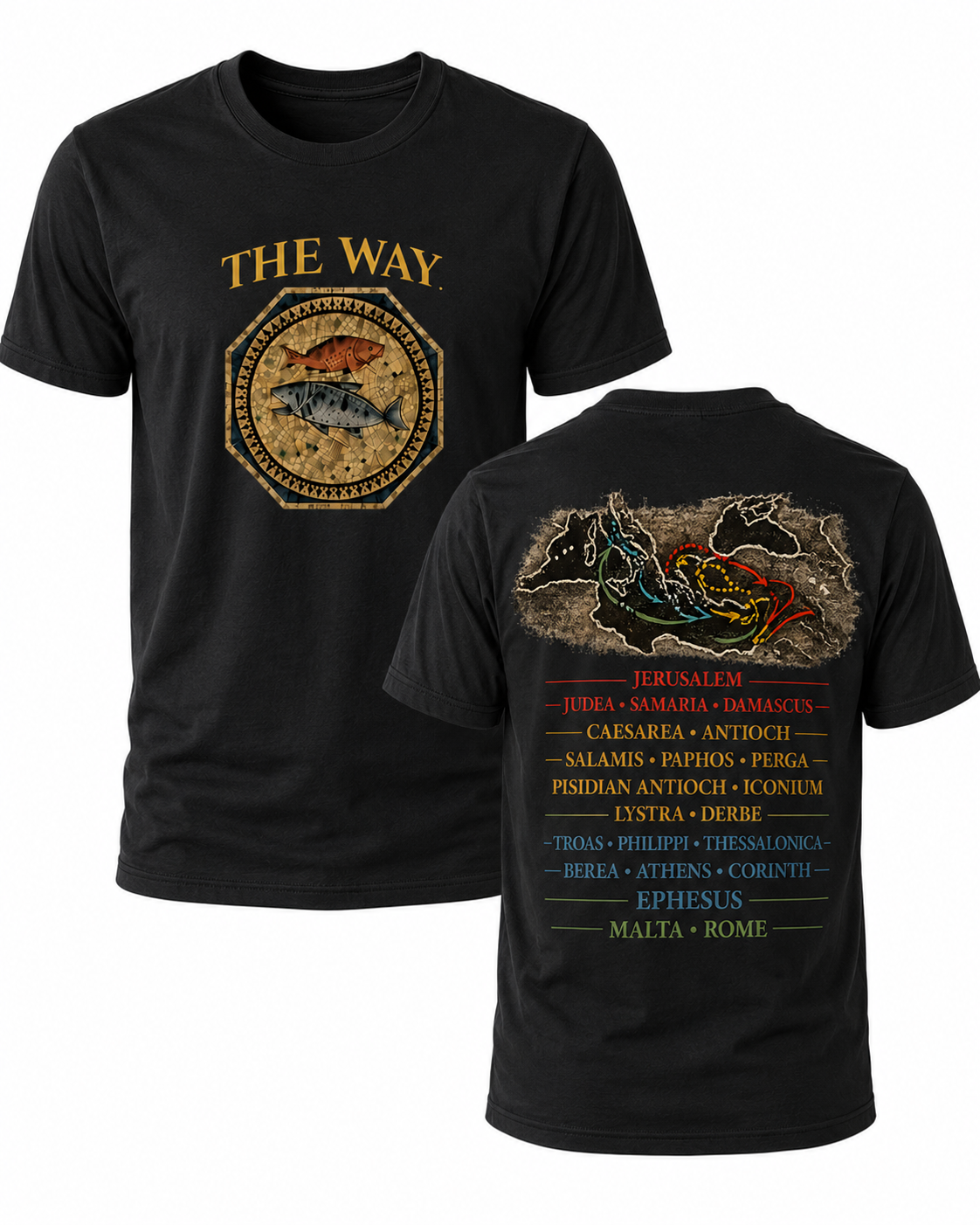 Black Christian T-shirt featuring "The Way" design inspired by John 14:6, highlighting the Apostle Paul's missionary journeys and proclaiming Jesus as the only way to the Father.