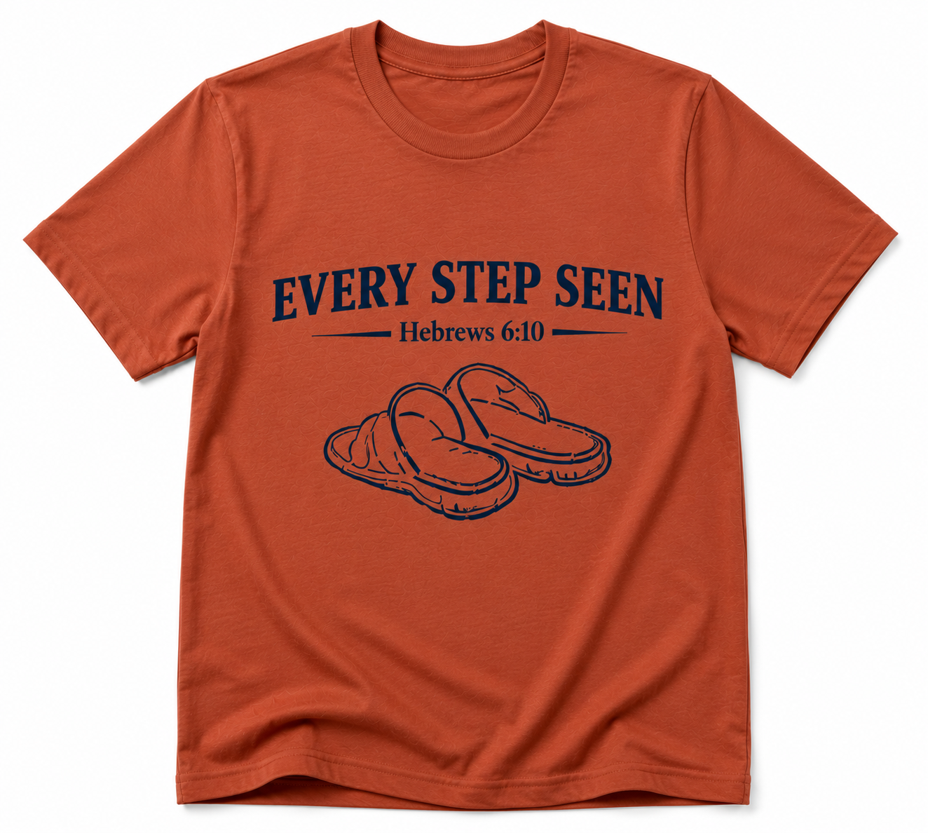 Rust Christian T-shirt featuring the “Every Step Seen” design, reminding believers that God sees, knows, and walks with them through every step of life.