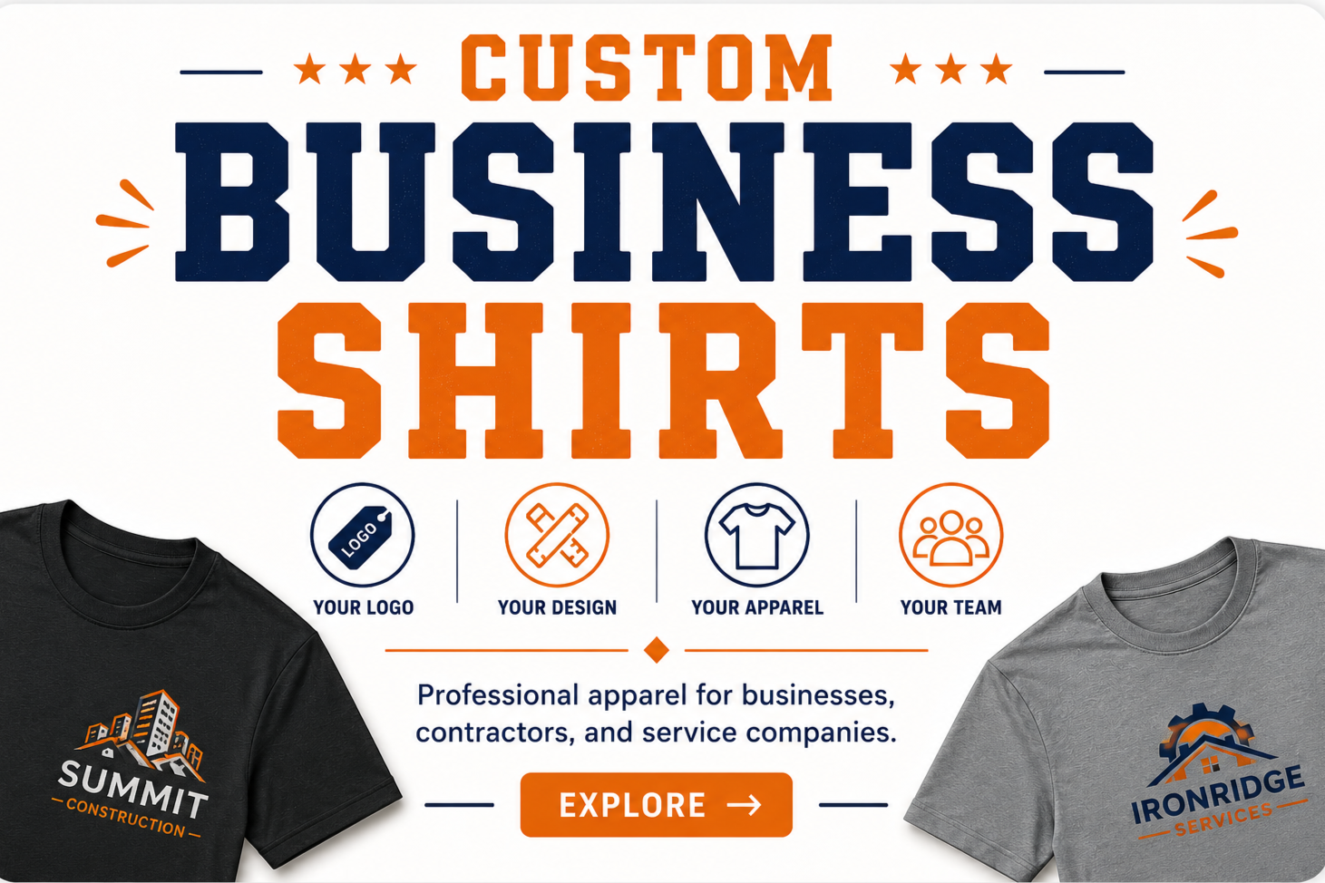 Custom Business Shirts category featuring personalized apparel for businesses, contractors, and service companies.
