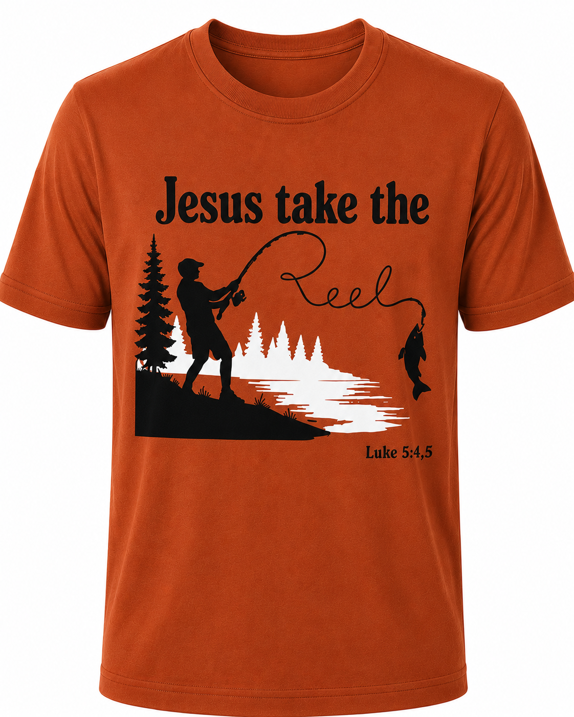 Rust Christian T-shirt featuring the "Jesus Take the Reel" design, encouraging believers to honor Christ in every aspect of life, including what they watch and share.