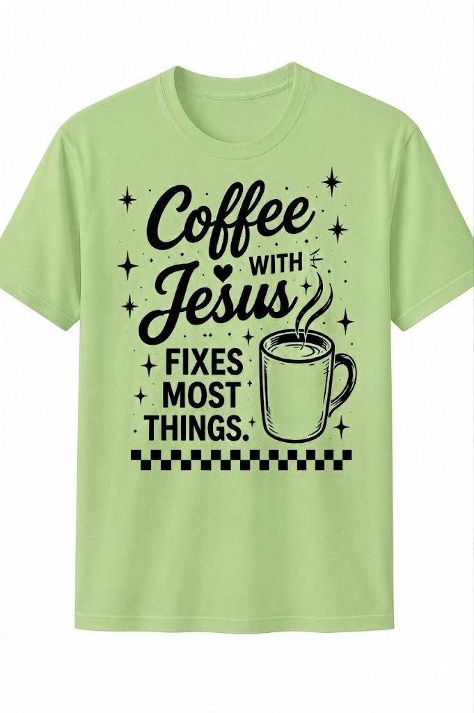 Light Green Christian T-shirt featuring the "Coffee with Jesus" design inspired by Luke 10:39–42, encouraging believers to slow down and spend intentional time with Jesus each day.