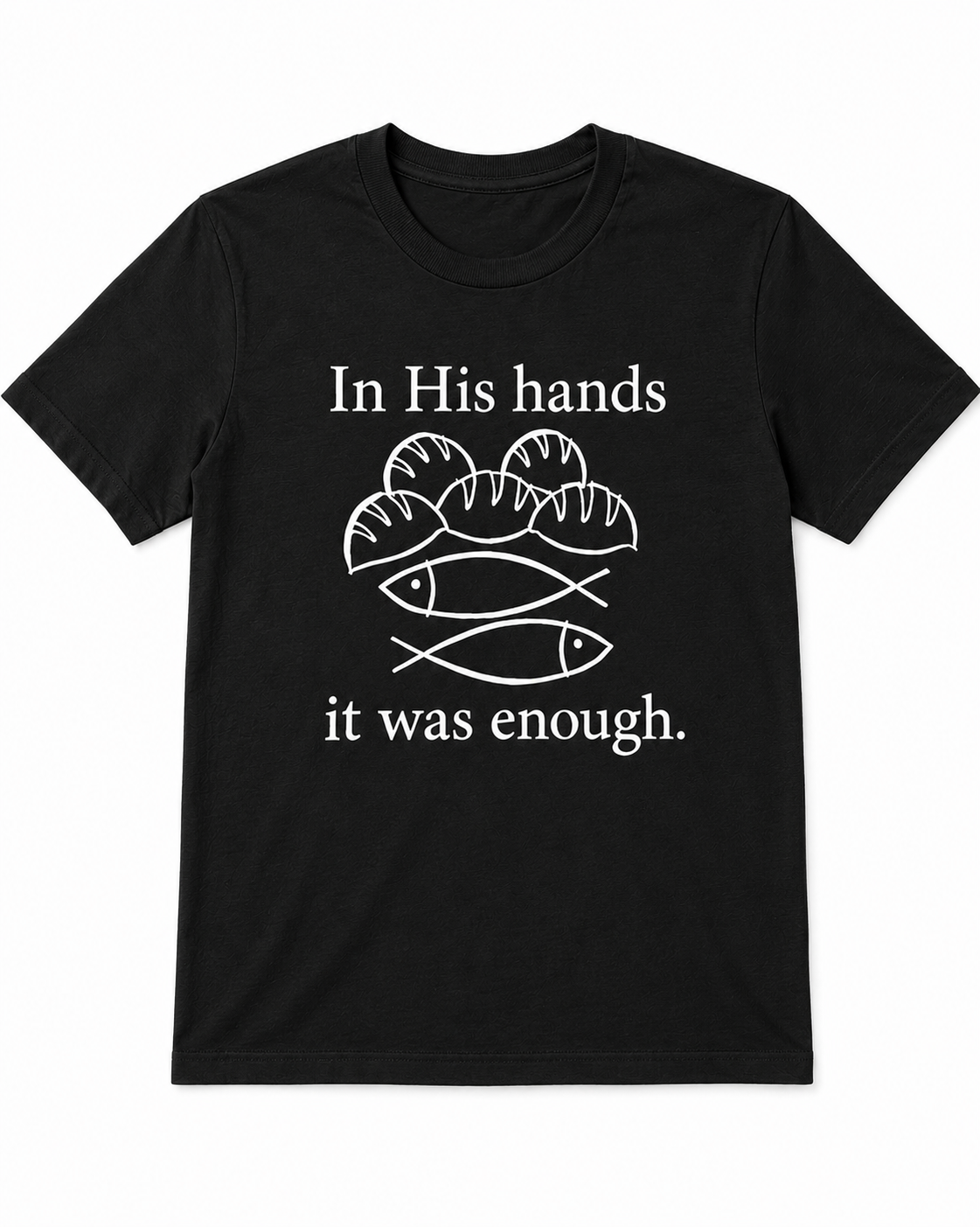 Black Christian T-shirt featuring the "Fishes & Loaves" design inspired by Matthew 14:13–21, reminding believers that Jesus can multiply even the smallest offering for His glory.