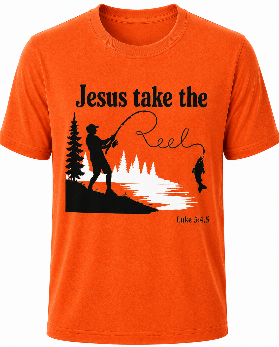 Orange Christian T-shirt featuring the "Jesus Take the Reel" design, encouraging believers to honor Christ in every aspect of life, including what they watch and share.