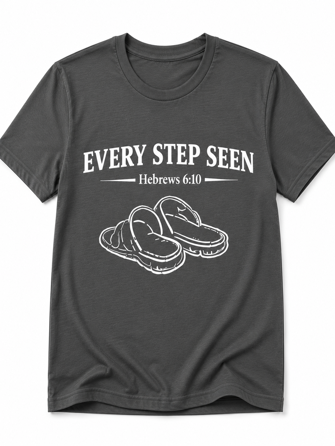 Dark Gray Christian T-shirt featuring the “Every Step Seen” design, reminding believers that God sees, knows, and walks with them through every step of life.