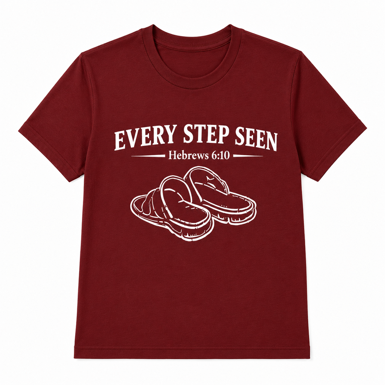 Dark Red Christian T-shirt featuring the “Every Step Seen” design, reminding believers that God sees, knows, and walks with them through every step of life.