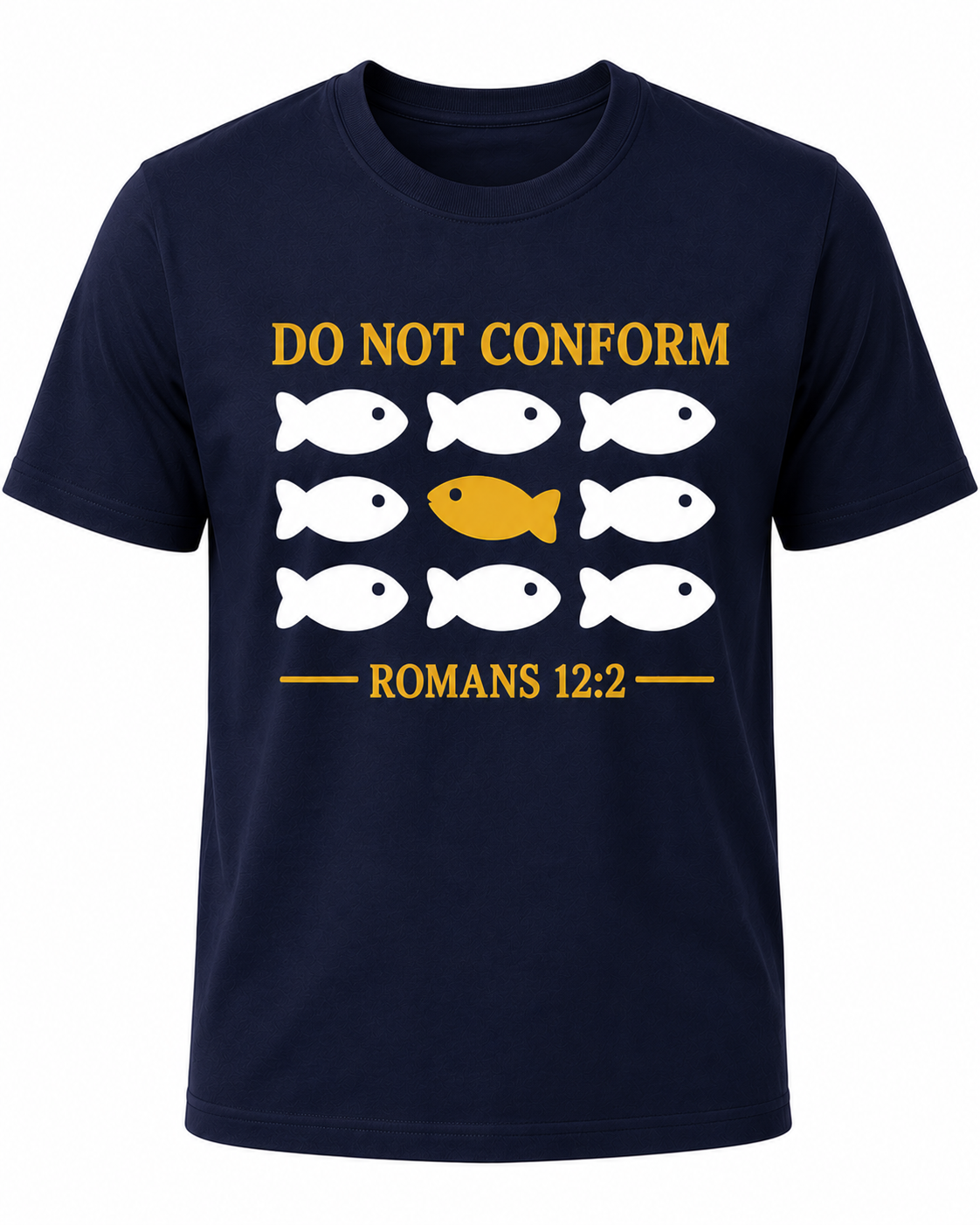 Navy Christian T-shirt featuring the "Do Not Conform" design inspired by Romans 12:2, encouraging believers to stand apart from the world and be transformed by the renewing of their minds.