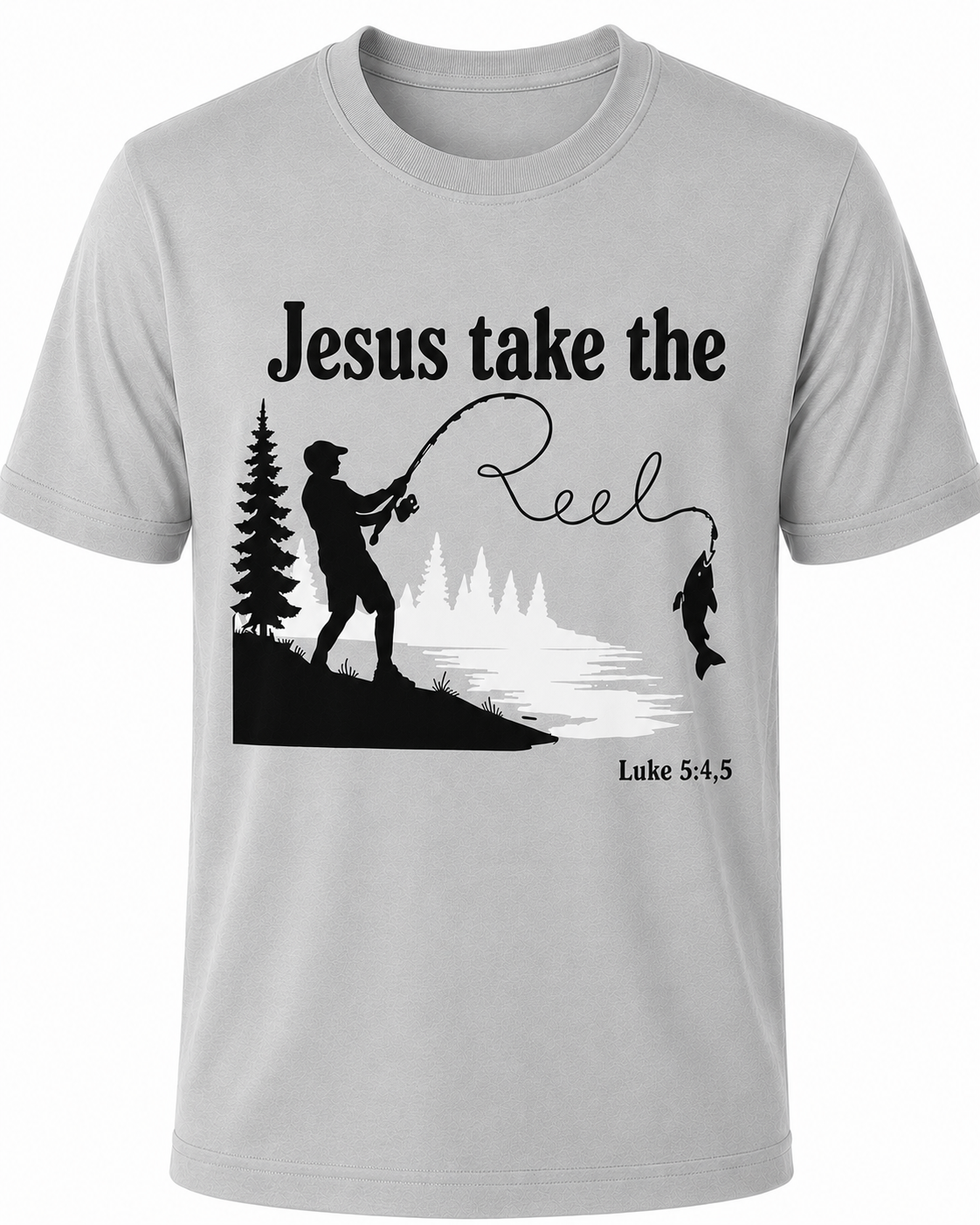 Light Gray Christian T-shirt featuring the "Jesus Take the Reel" design, encouraging believers to honor Christ in every aspect of life, including what they watch and share.
