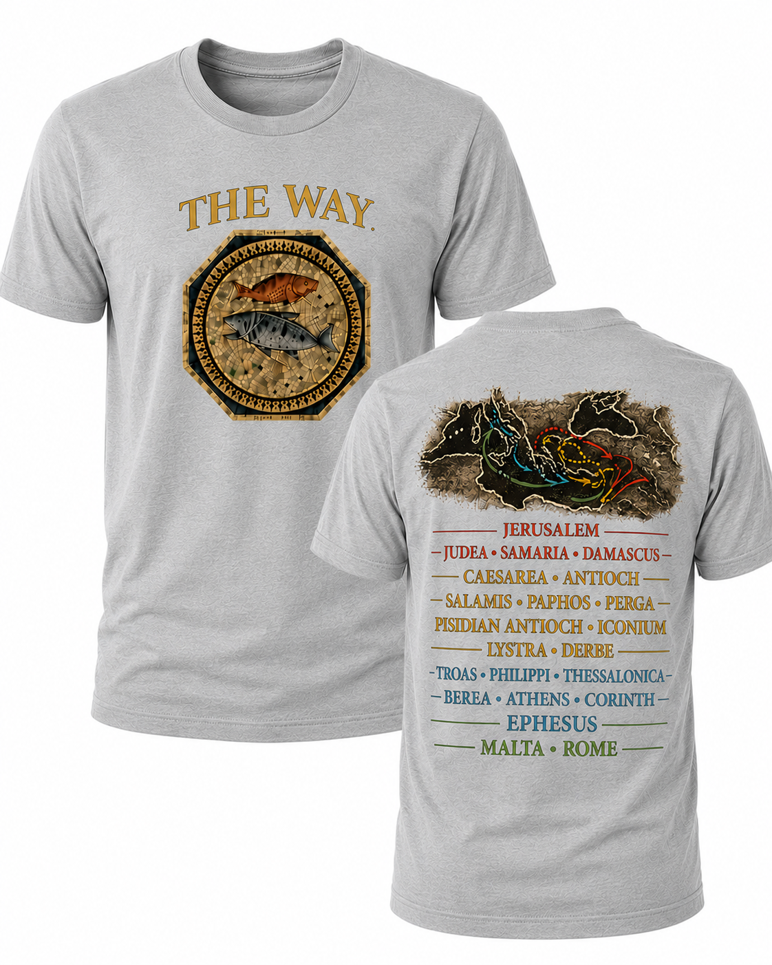 Light Gray Christian T-shirt featuring "The Way" design inspired by John 14:6, highlighting the Apostle Paul's missionary journeys and proclaiming Jesus as the only way to the Father.
