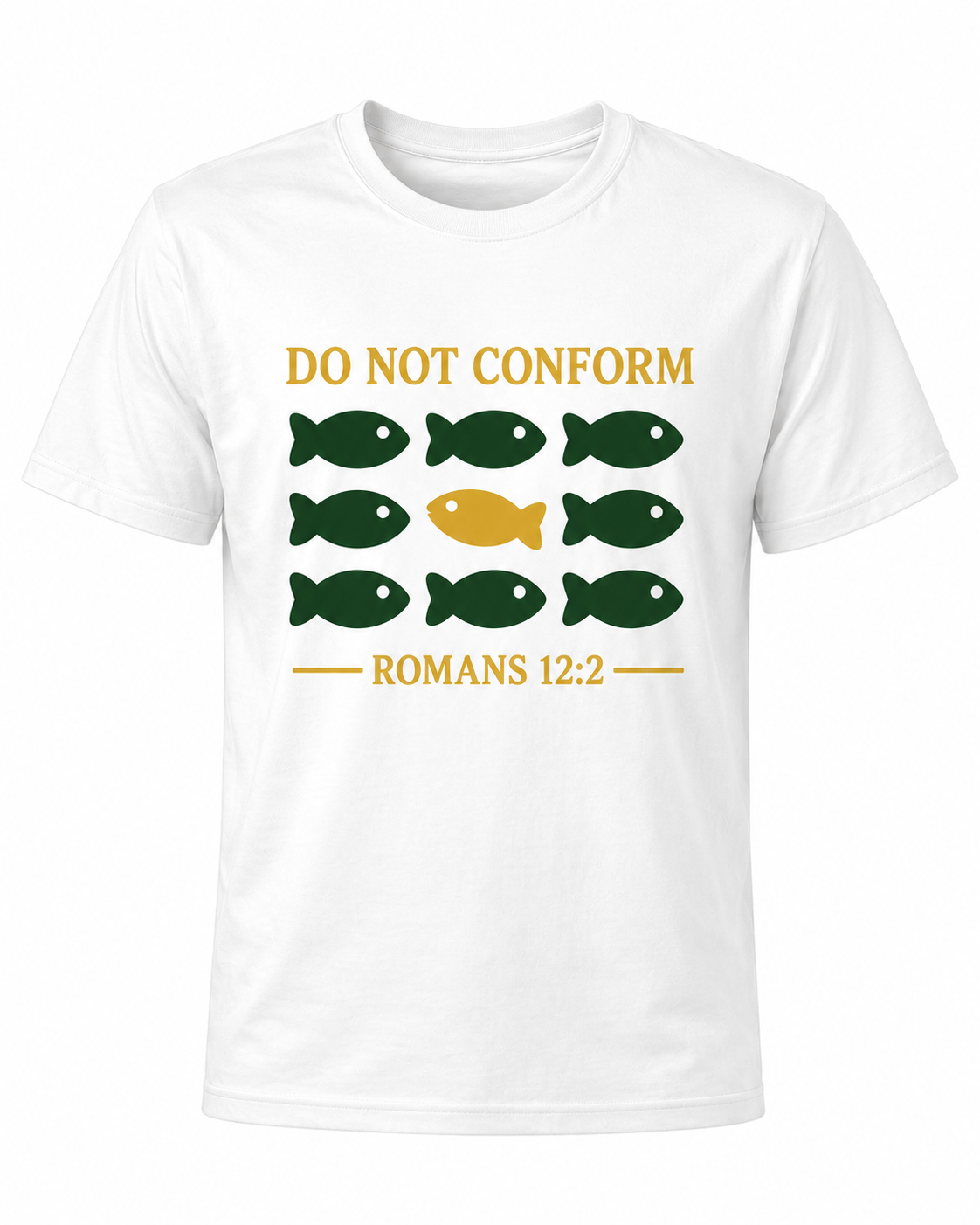 White Christian T-shirt featuring the "Do Not Conform" design inspired by Romans 12:2, encouraging believers to stand apart from the world and be transformed by the renewing of their minds.