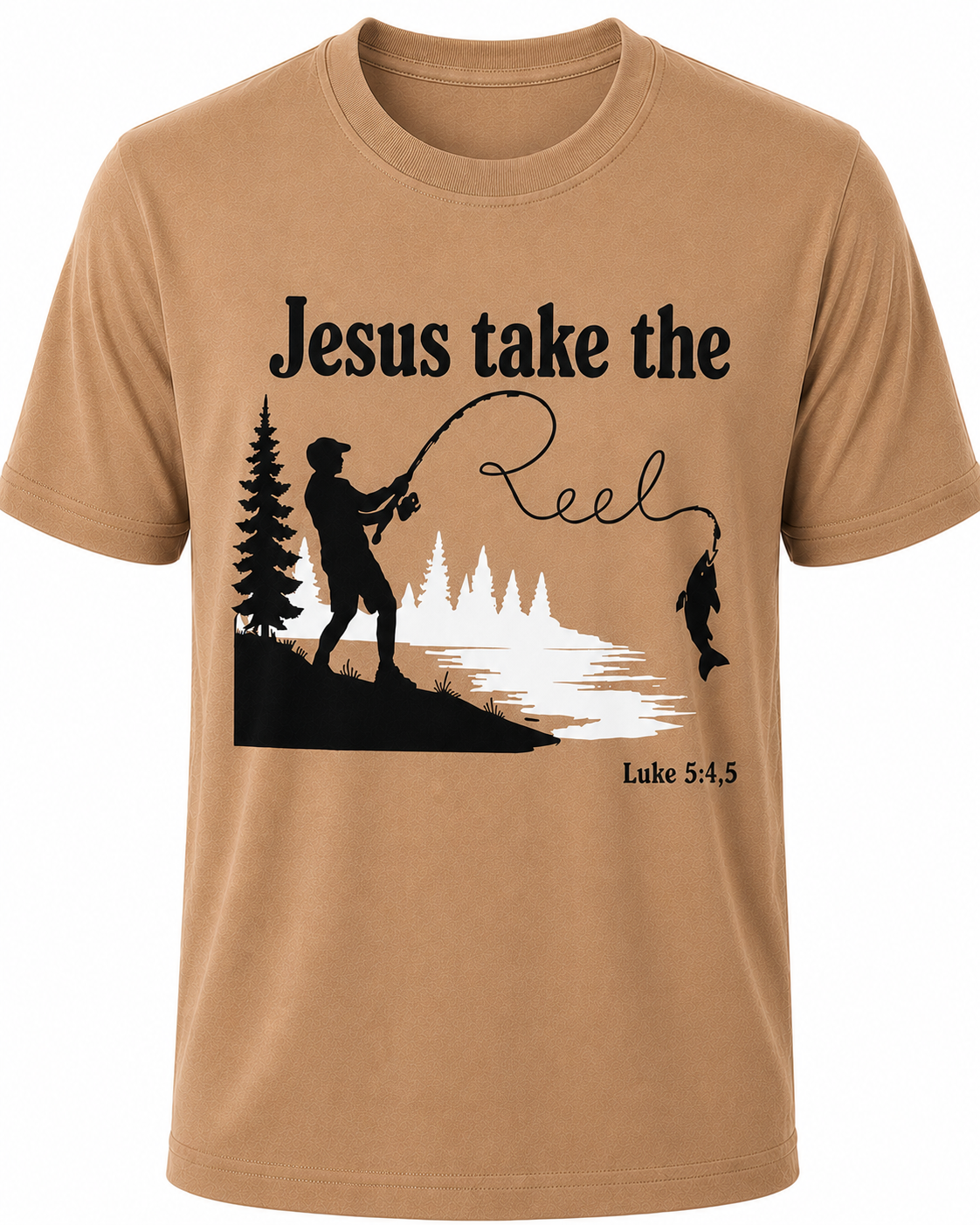 Light Brown Christian T-shirt featuring the "Jesus Take the Reel" design, encouraging believers to honor Christ in every aspect of life, including what they watch and share.
