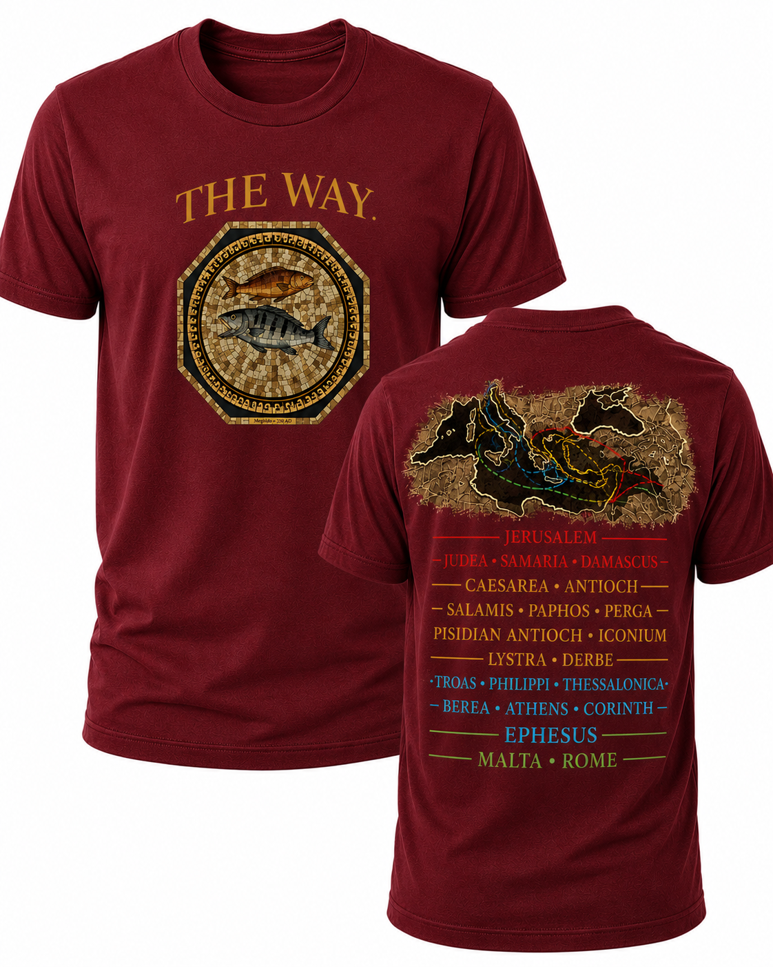 Dark Red Christian T-shirt featuring "The Way" design inspired by John 14:6, highlighting the Apostle Paul's missionary journeys and proclaiming Jesus as the only way to the Father.