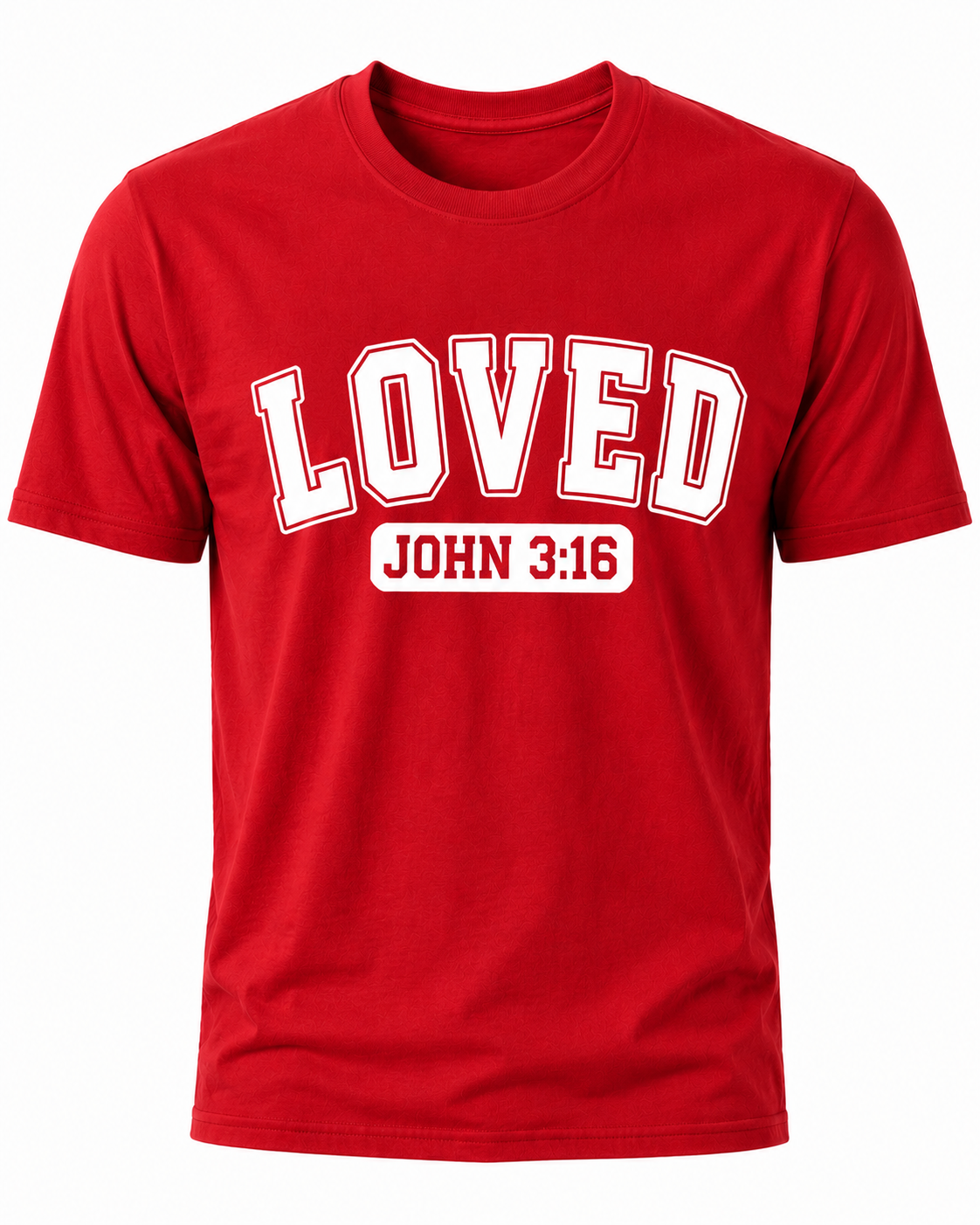 Red Christian T-shirt featuring the "LOVED" design inspired by John 3:16, reminding believers that God's love was demonstrated through the gift of His Son, Jesus Christ.