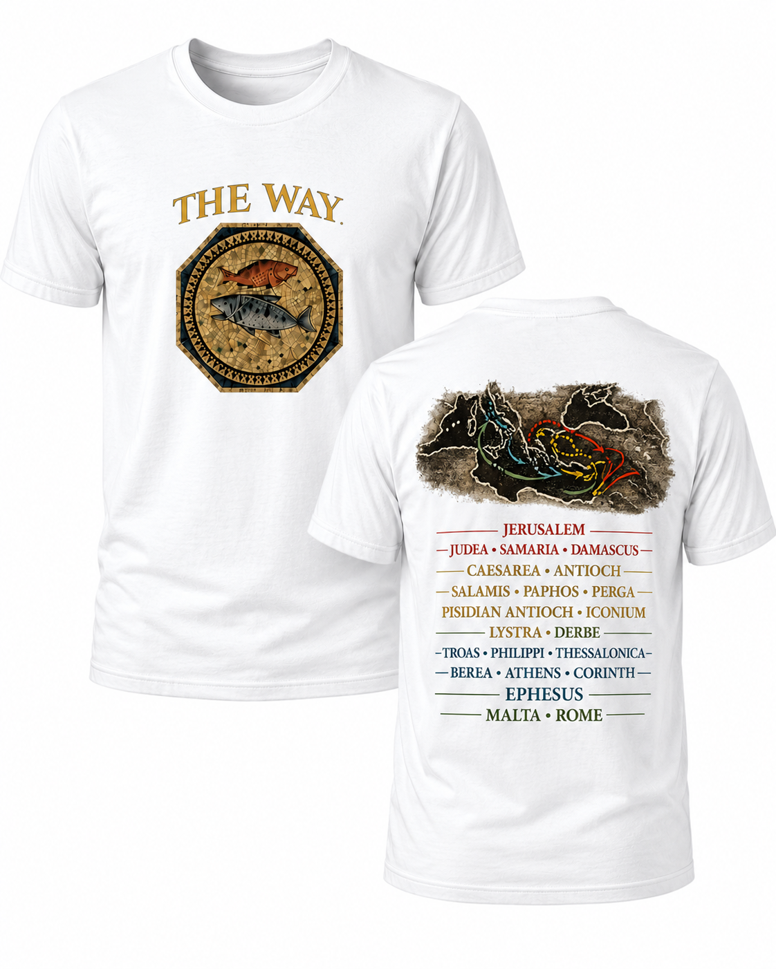 White Christian T-shirt featuring "The Way" design inspired by John 14:6, highlighting the Apostle Paul's missionary journeys and proclaiming Jesus as the only way to the Father.