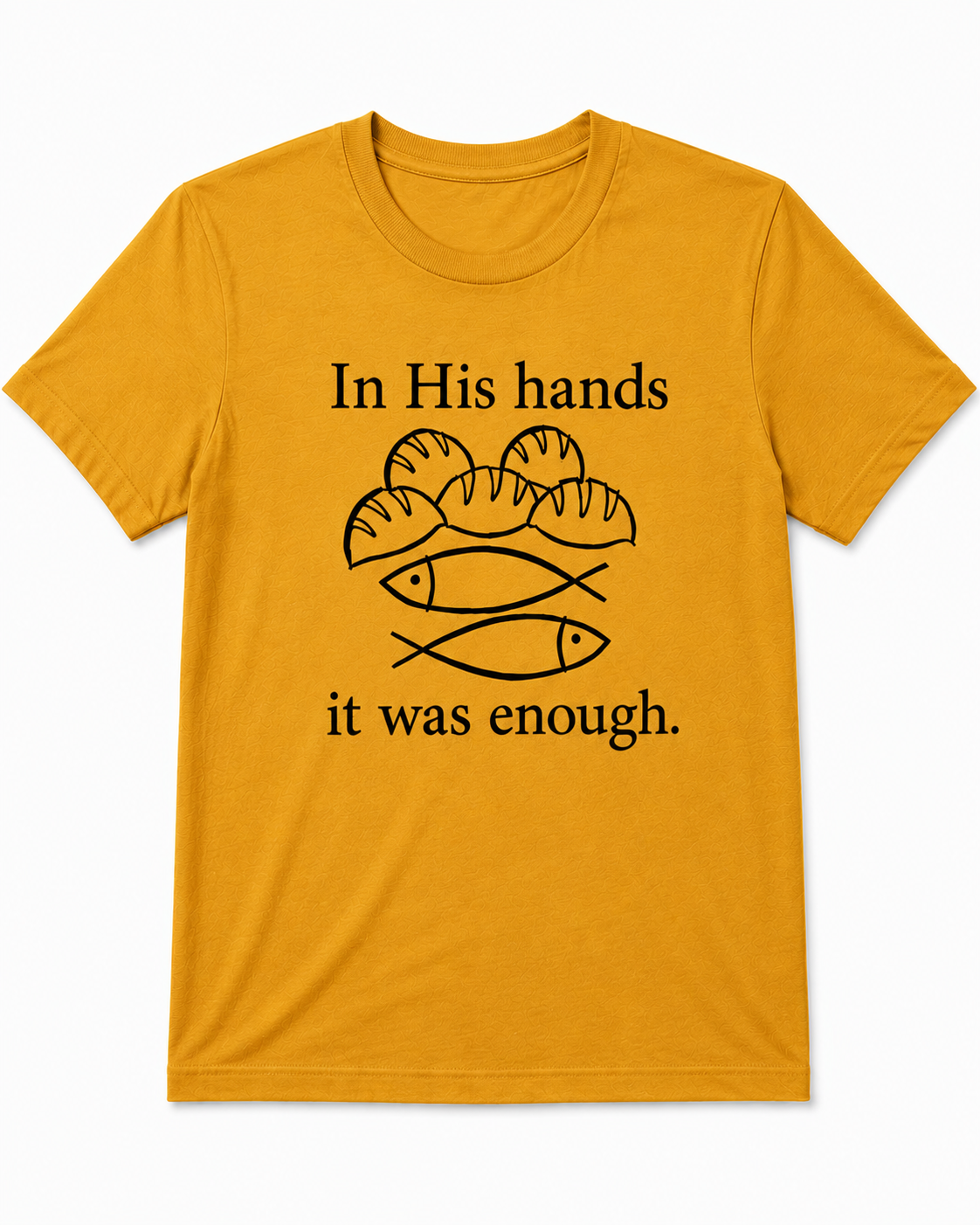 Mustard Christian T-shirt featuring the "Fishes & Loaves" design inspired by Matthew 14:13–21, reminding believers that Jesus can multiply even the smallest offering for His glory.
