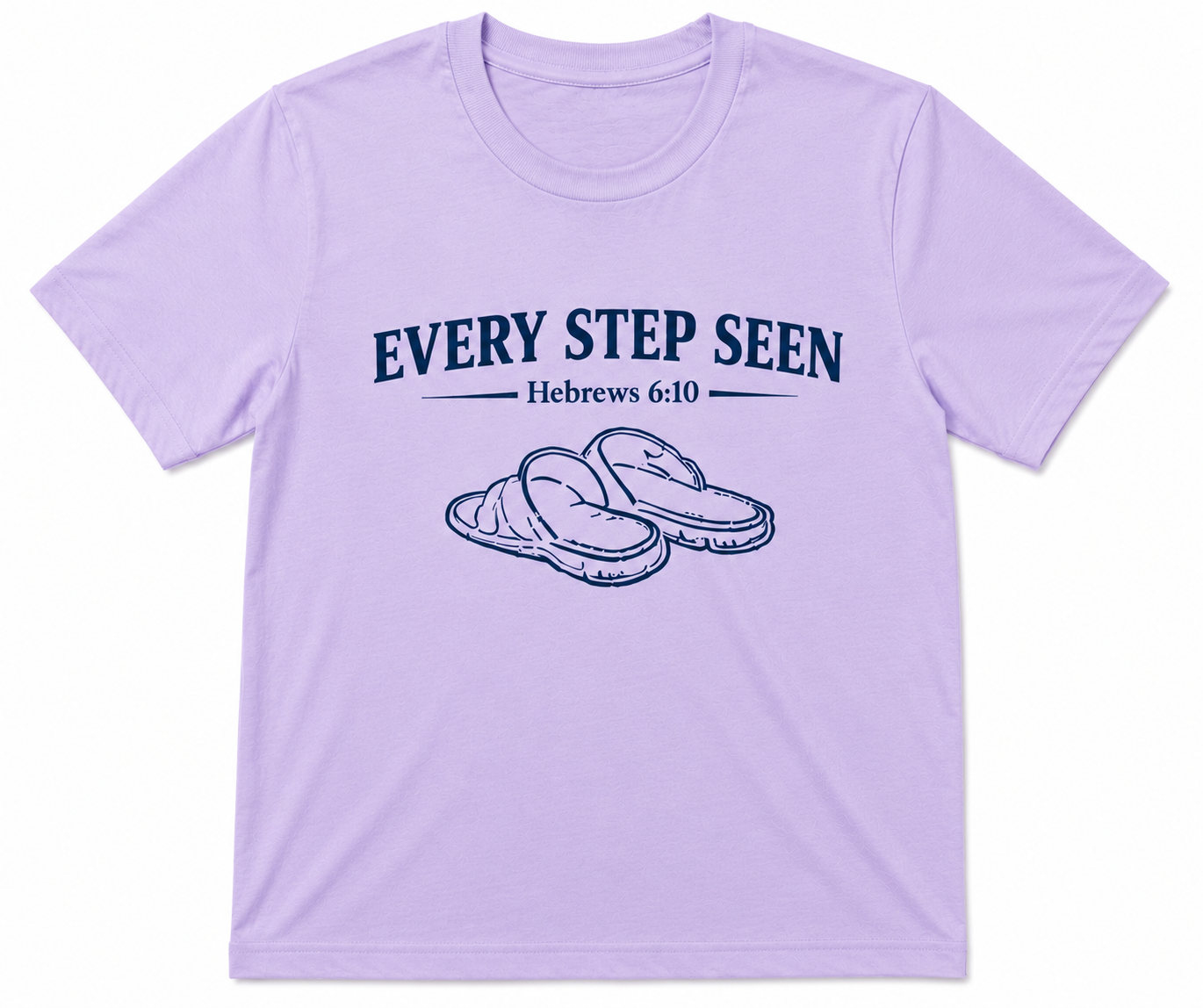 Light Purple Christian T-shirt featuring the “Every Step Seen” design, reminding believers that God sees, knows, and walks with them through every step of life.