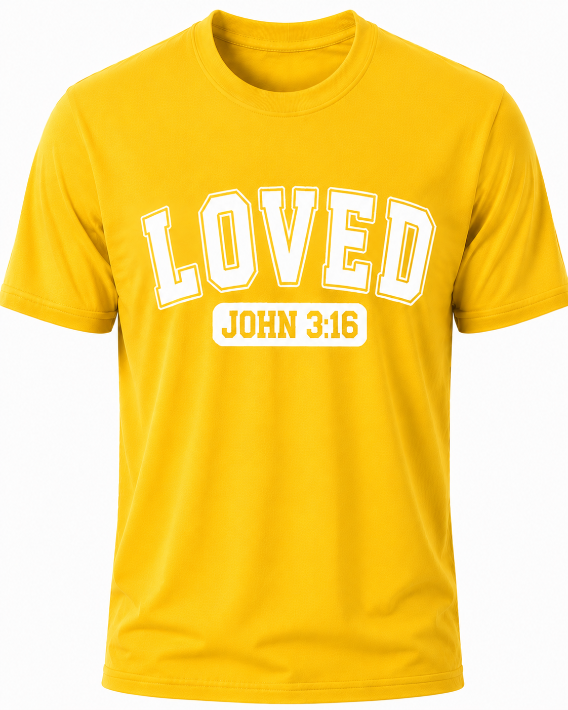 Yellow Christian T-shirt featuring the "LOVED" design inspired by John 3:16, reminding believers that God's love was demonstrated through the gift of His Son, Jesus Christ.