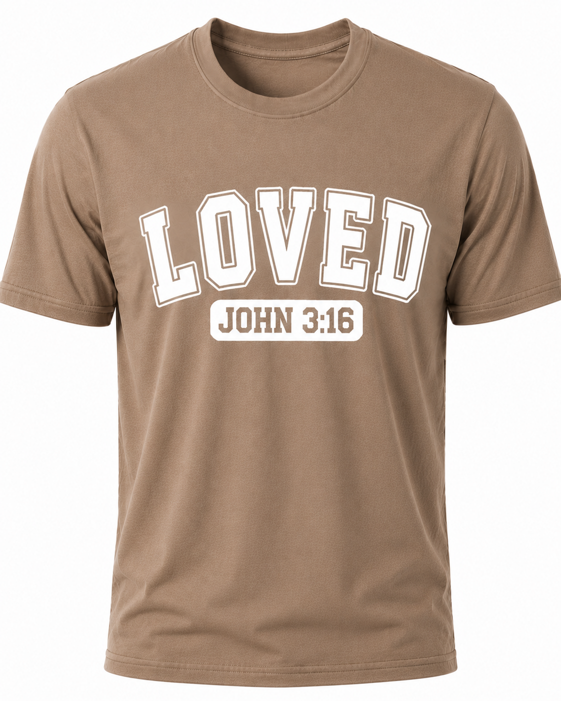 Light Brown Christian T-shirt featuring the "LOVED" design inspired by John 3:16, reminding believers that God's love was demonstrated through the gift of His Son, Jesus Christ.