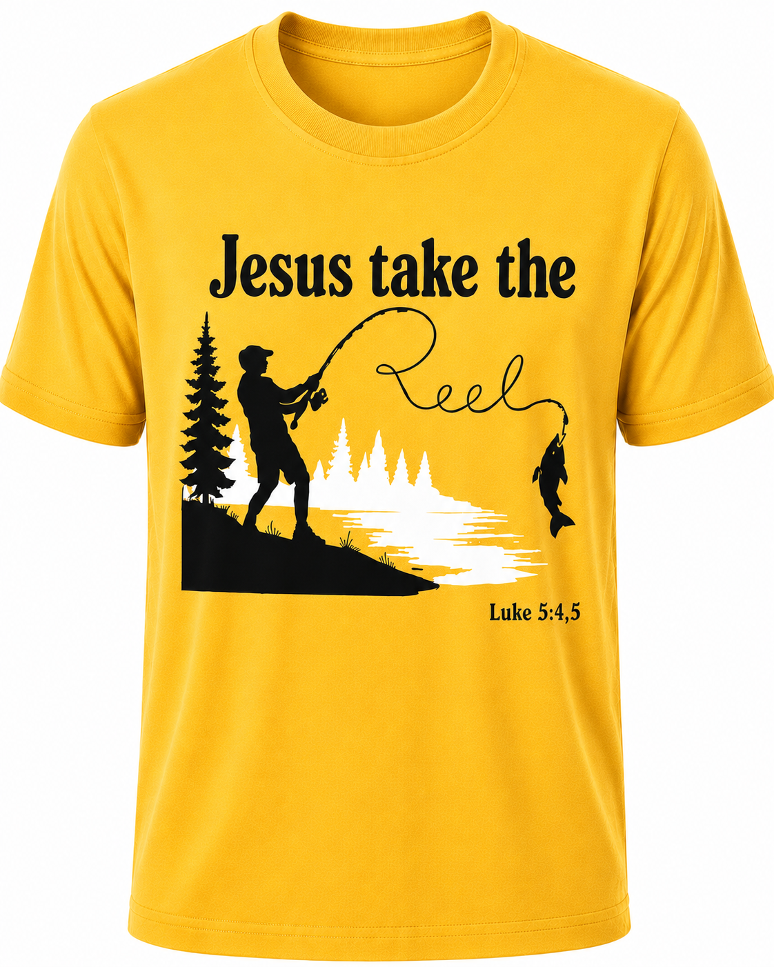 Yellow Christian T-shirt featuring the "Jesus Take the Reel" design, encouraging believers to honor Christ in every aspect of life, including what they watch and share.