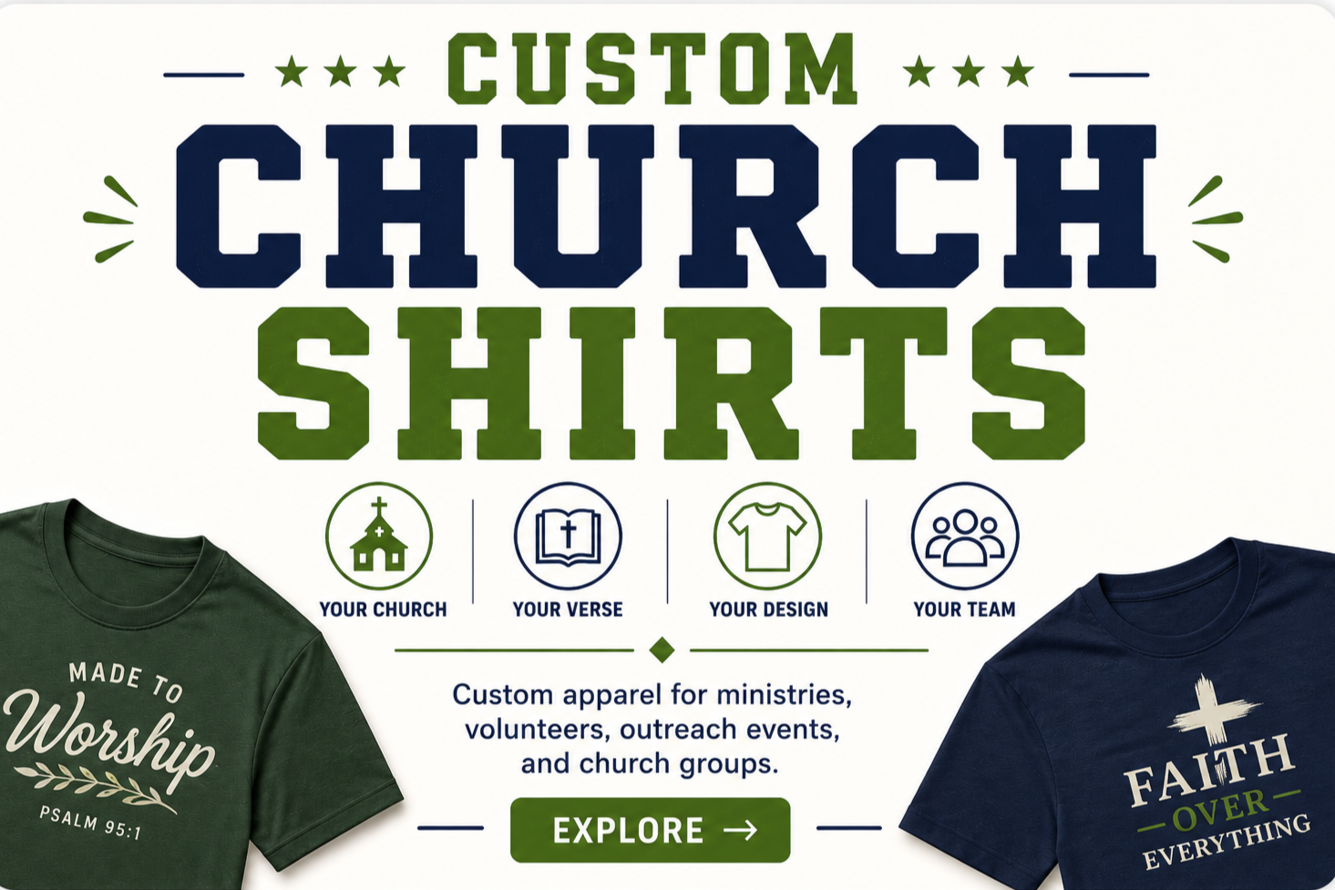 Custom Church Shirts category featuring personalized apparel for ministries, volunteers, outreach events, and church groups.