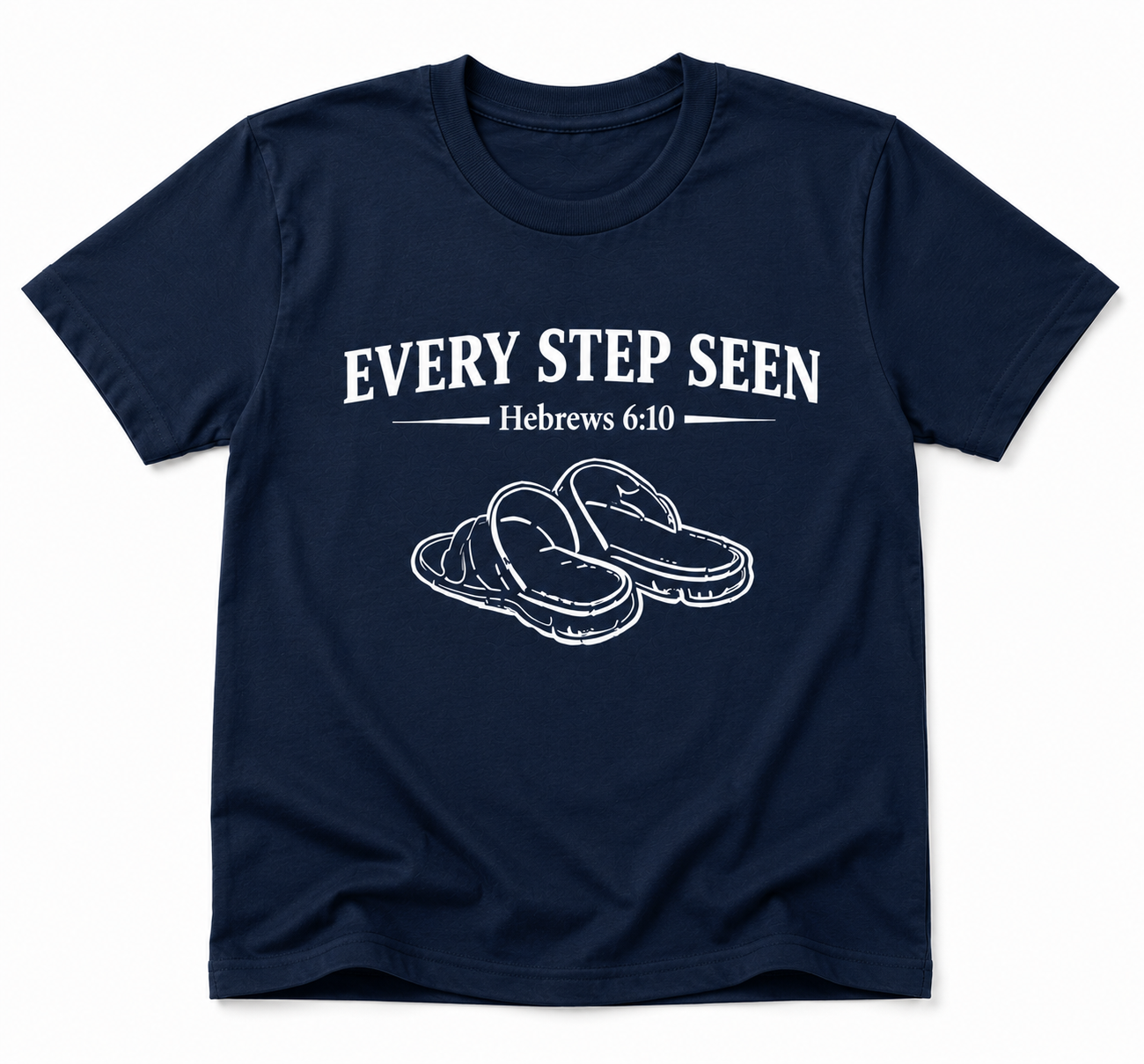Navy Christian T-shirt featuring the “Every Step Seen” design, reminding believers that God sees, knows, and walks with them through every step of life.